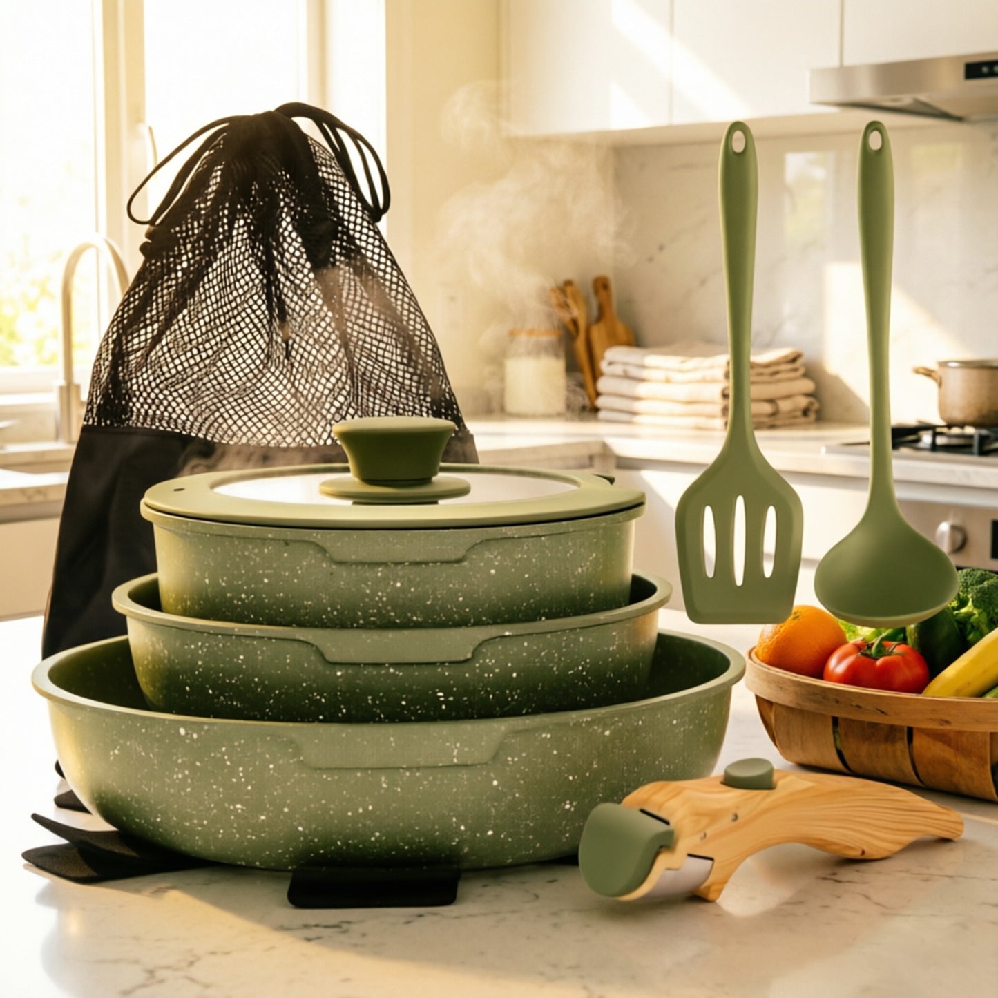 Captiva Designs 10-Piece Non-Toxic Nonstick Granite Cookware Set, Induction Compatible, Oven Safe, Detachable Stay-Cool Bakelite Handle