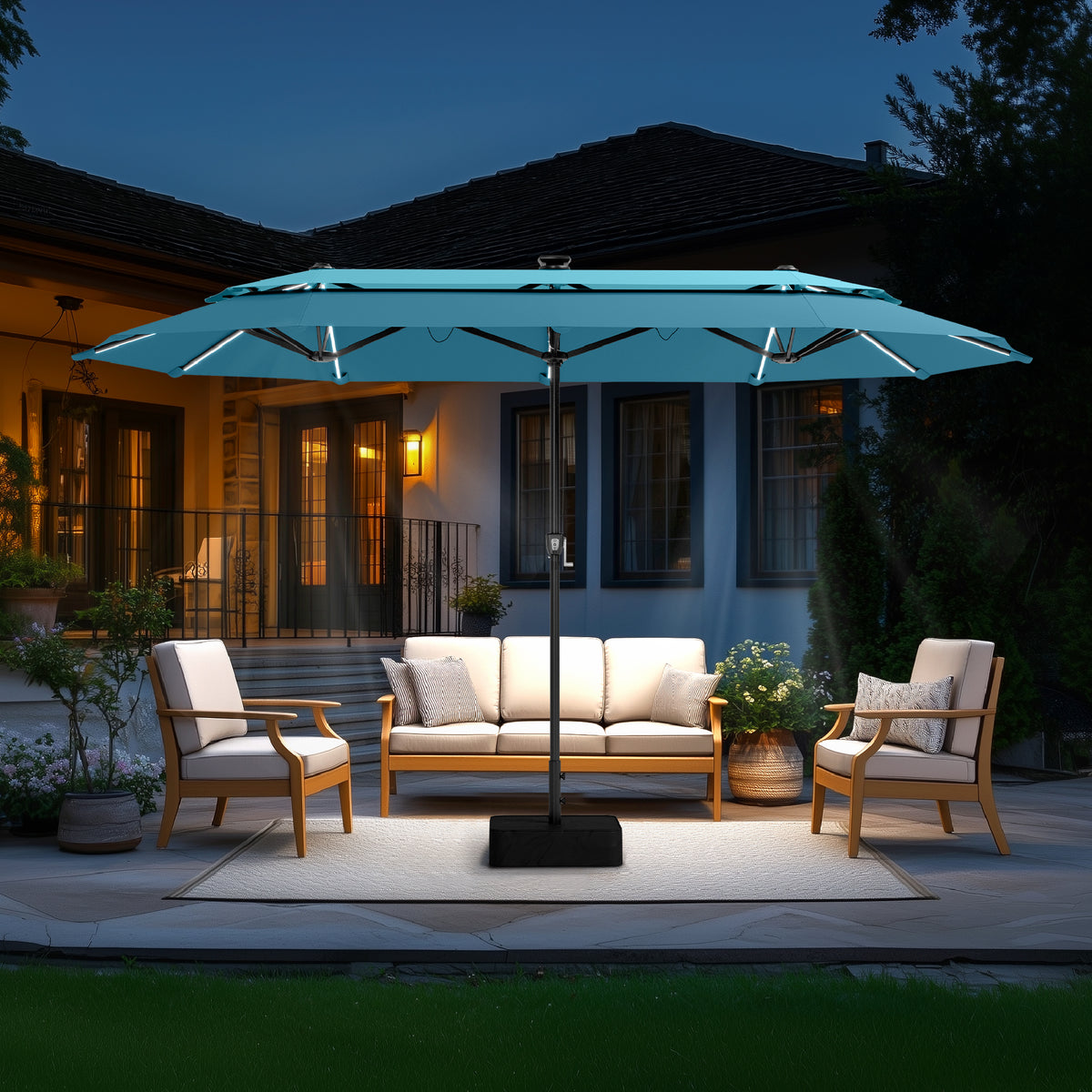 Captiva Designs 13ft Vented 2-Tier Rectangular Patio Umbrella with Base, Fade-Resistant Polyester, Crank Lift, Market Umbrella