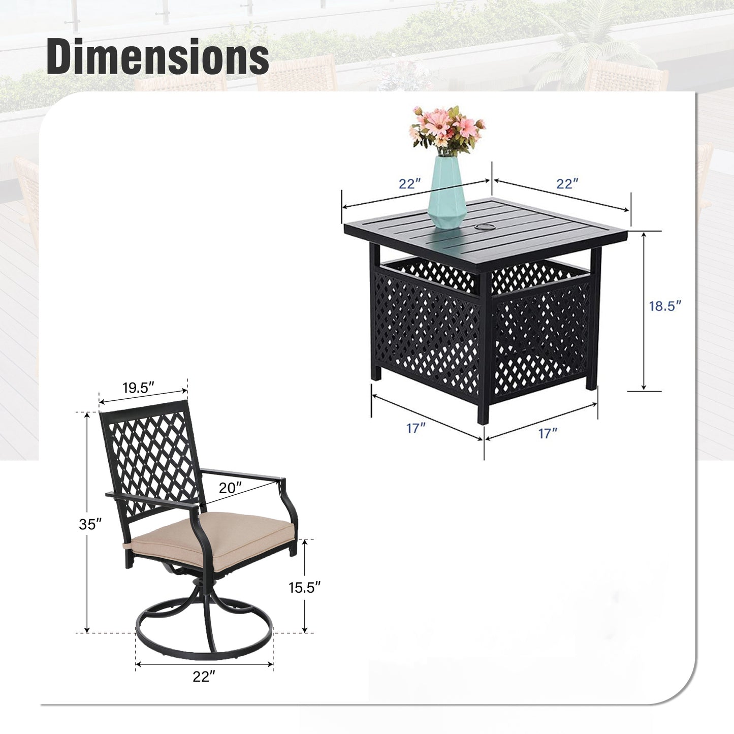 Captiva Designs 3pc Outdoor Patio Slatted Tabletop Square Dining Steel Table & Arm Chairs
