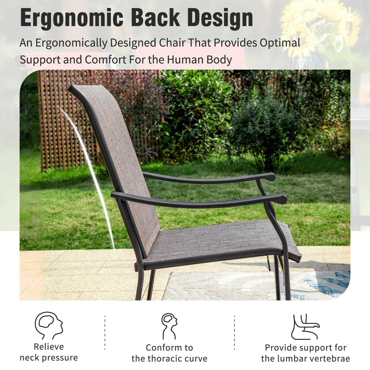 Captiva Designs 5pc Outdoor Patio Slat-top Black Round Dining Steel Table & Steel Frame Sling Chairs