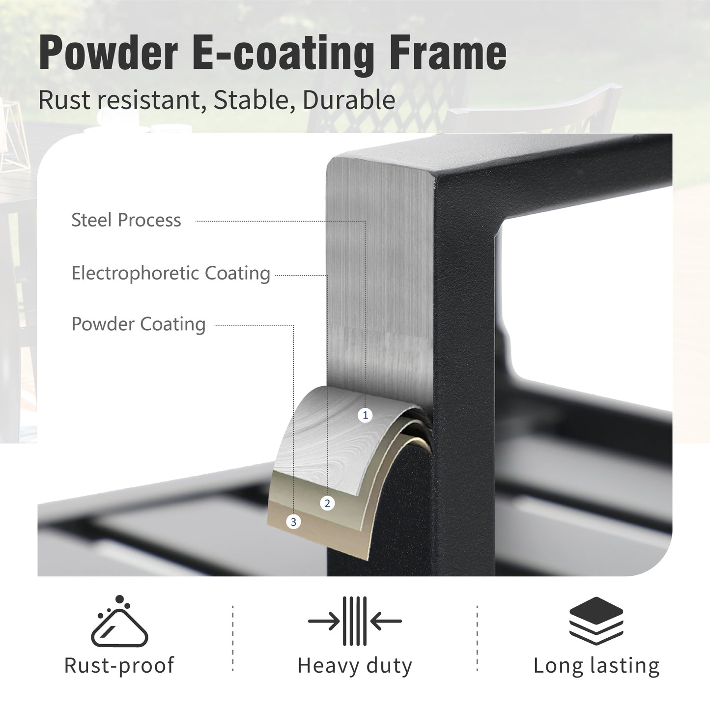 Captiva Designs 7pc Patio Slatted Top Steel Dining Table with Umbrella Hole & Stylish Back Metal Chairs