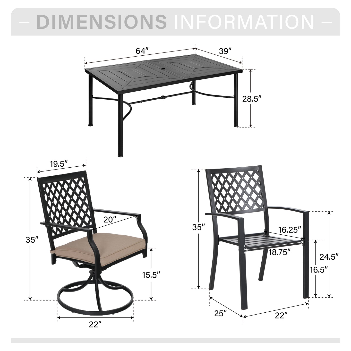 Captiva Designs 7pc Patio Dining Geometric Pattern Rectangular Steel Table & Mesh Back Metal Arm Chairs
