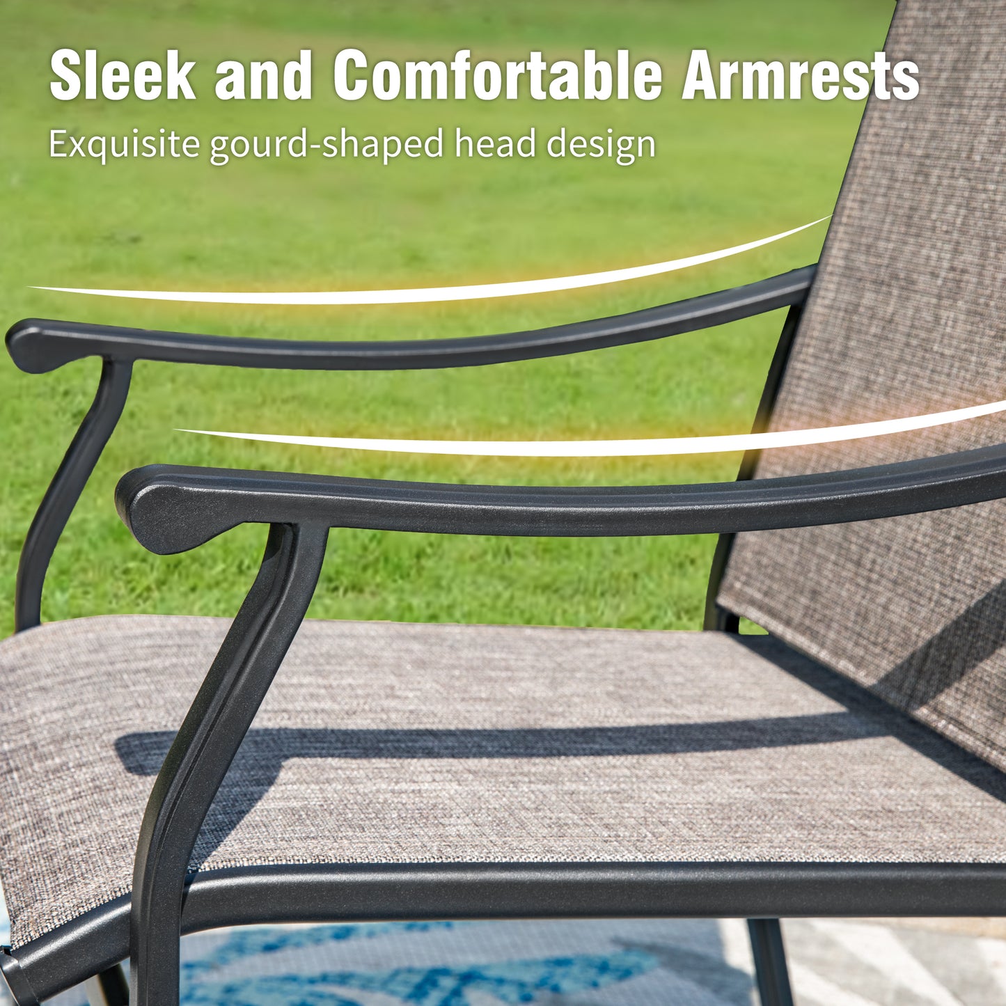 Captiva Designs 7pc Outdoor Patio Black Steel Dining Table & Brown Textilene Arm Chairs