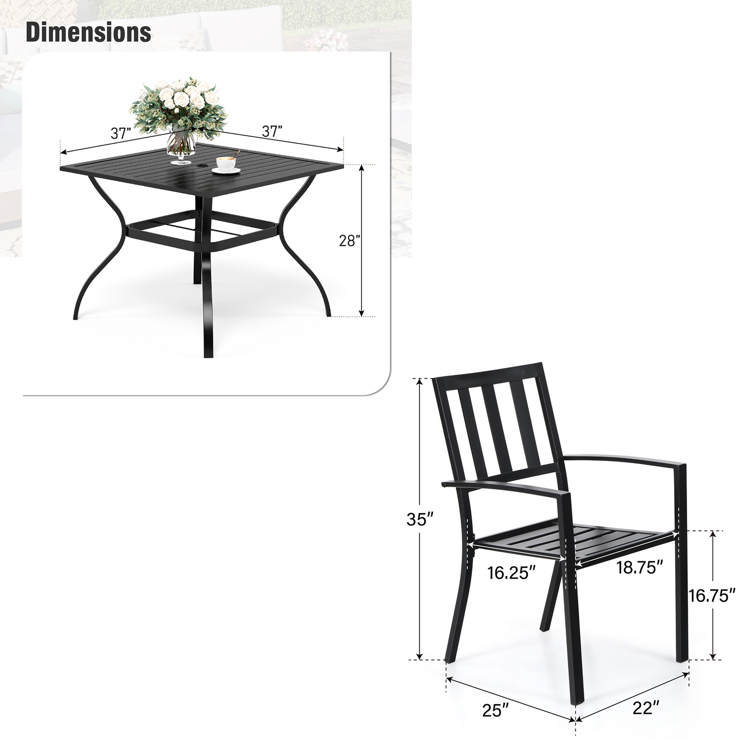 Captiva Designs 5pc Patio Slat-top Square Steel Dining Table with Umbrella Hole & Metal Arm Chairs