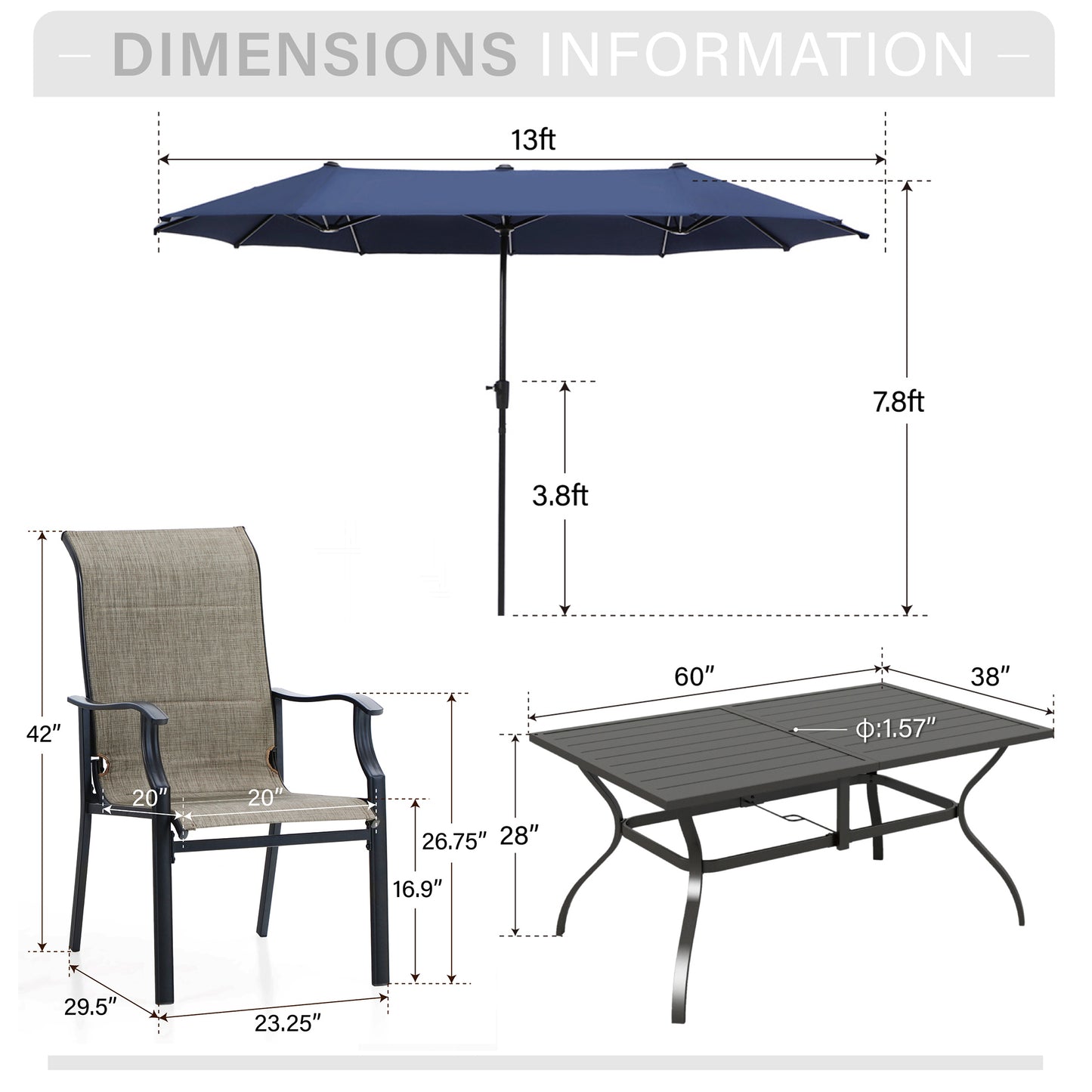 Captiva Designs 8pc Outdoor Patio Rectangle Steel Dining Table & Padded Sling Armchairs & Market Umbrella
