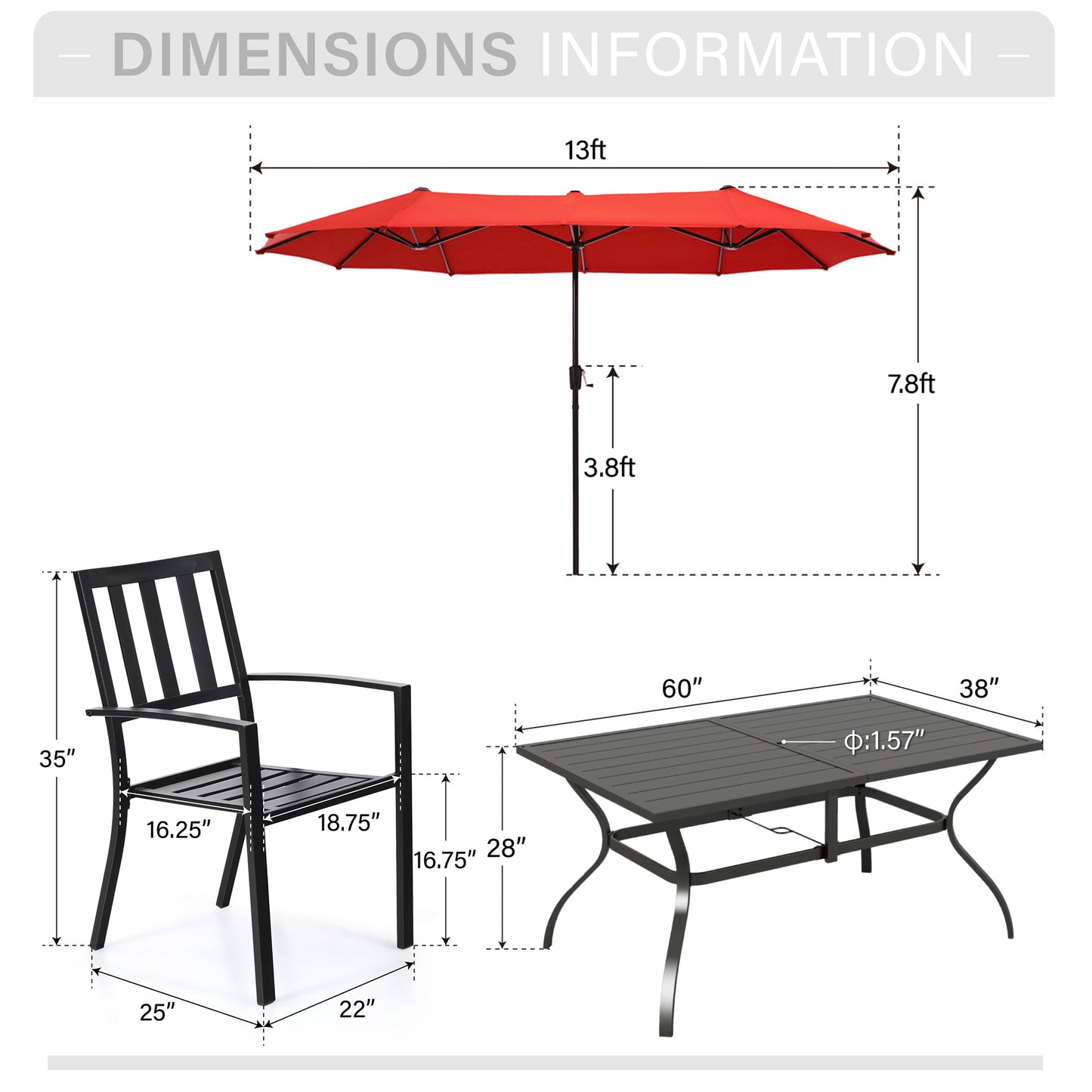Captiva Designs 8pc Patio Slat-top Rectangle Steel Table & Metal Stackable Chairs & 13ft Large Umbrella