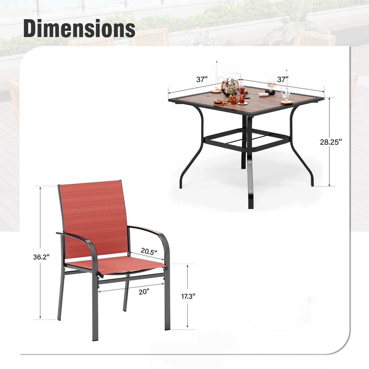 Captiva Designs 5 件套露台餐桌椅套装,配有带顶板的方桌和蓝色吊带固定椅