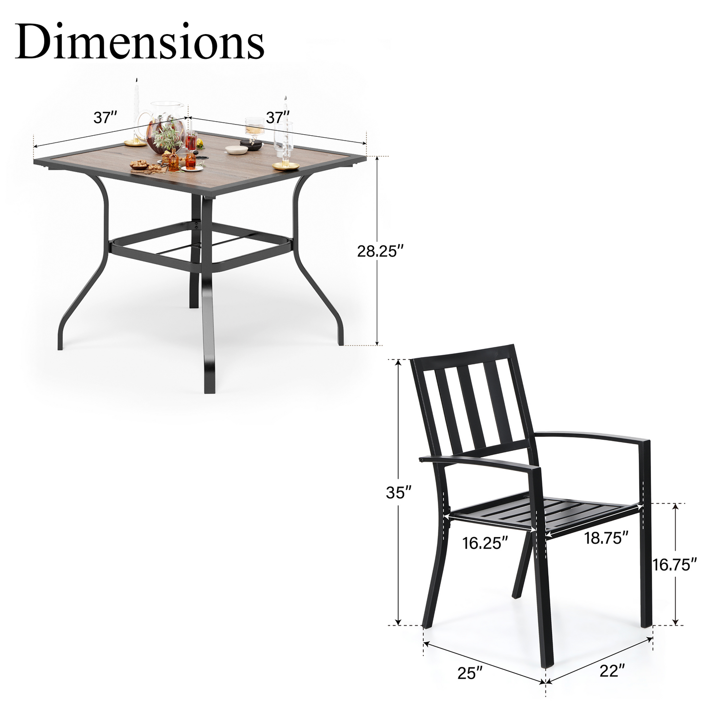 Captiva Designs 5pc Patio Wood-look Square Dining Table with Umbrella Hole & Metal Arm Chairs