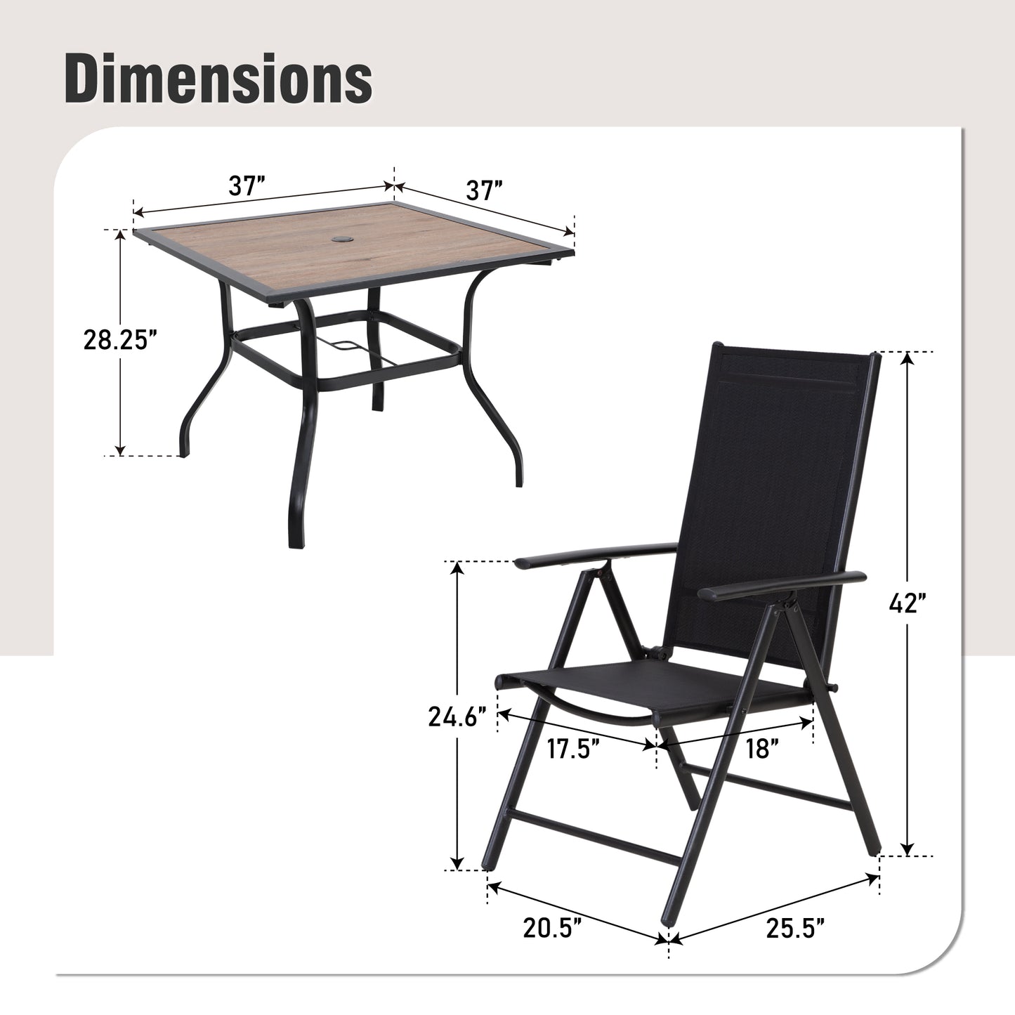 Captiva Designs 5pc Patio Dining Set Steel Frame Table with Umbrella Hole & Textilene Reclining Foldable Chairs