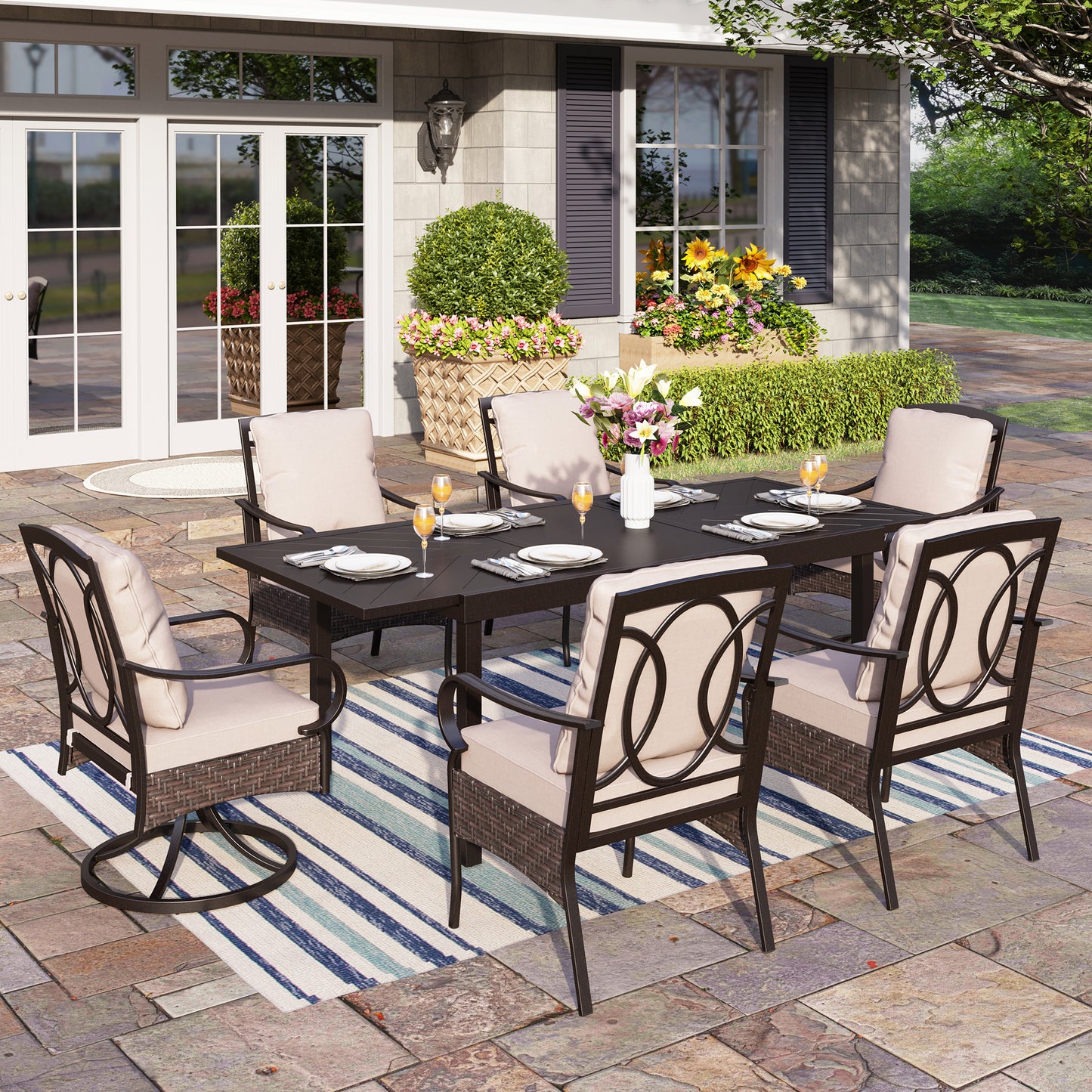 Captiva Designs 7 件套露台餐桌椅套装,配有带顶板的矩形桌子和藤制金属旋转扶手椅