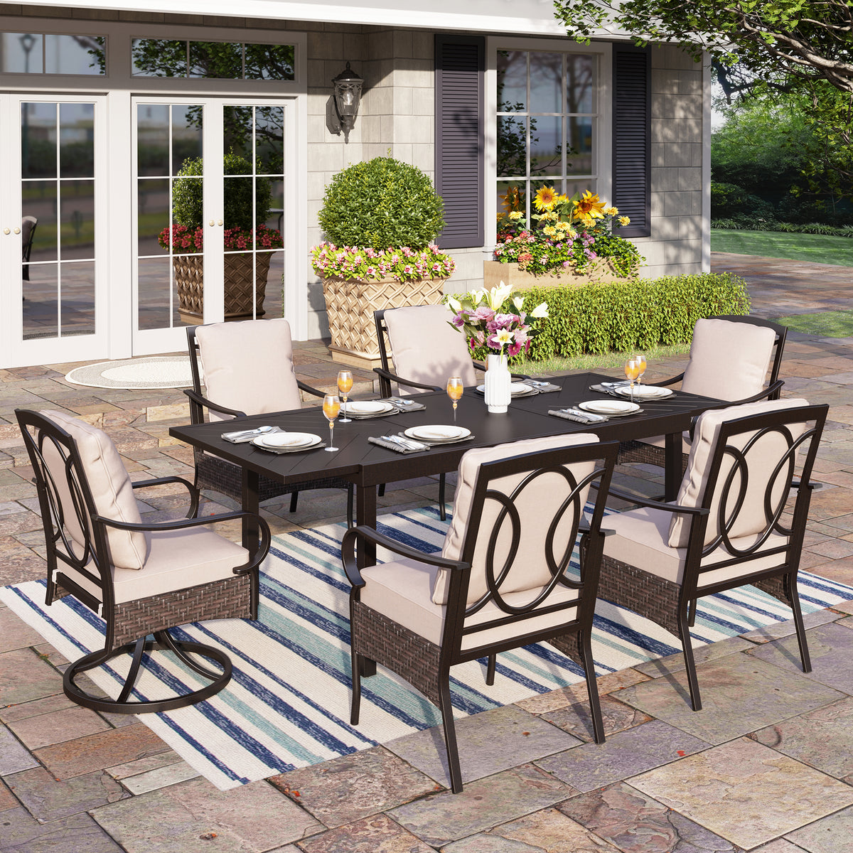 Captiva Designs 7pc Patio Dining Set with Rectangle Steel Table & Rattan Metal Arm Chairs