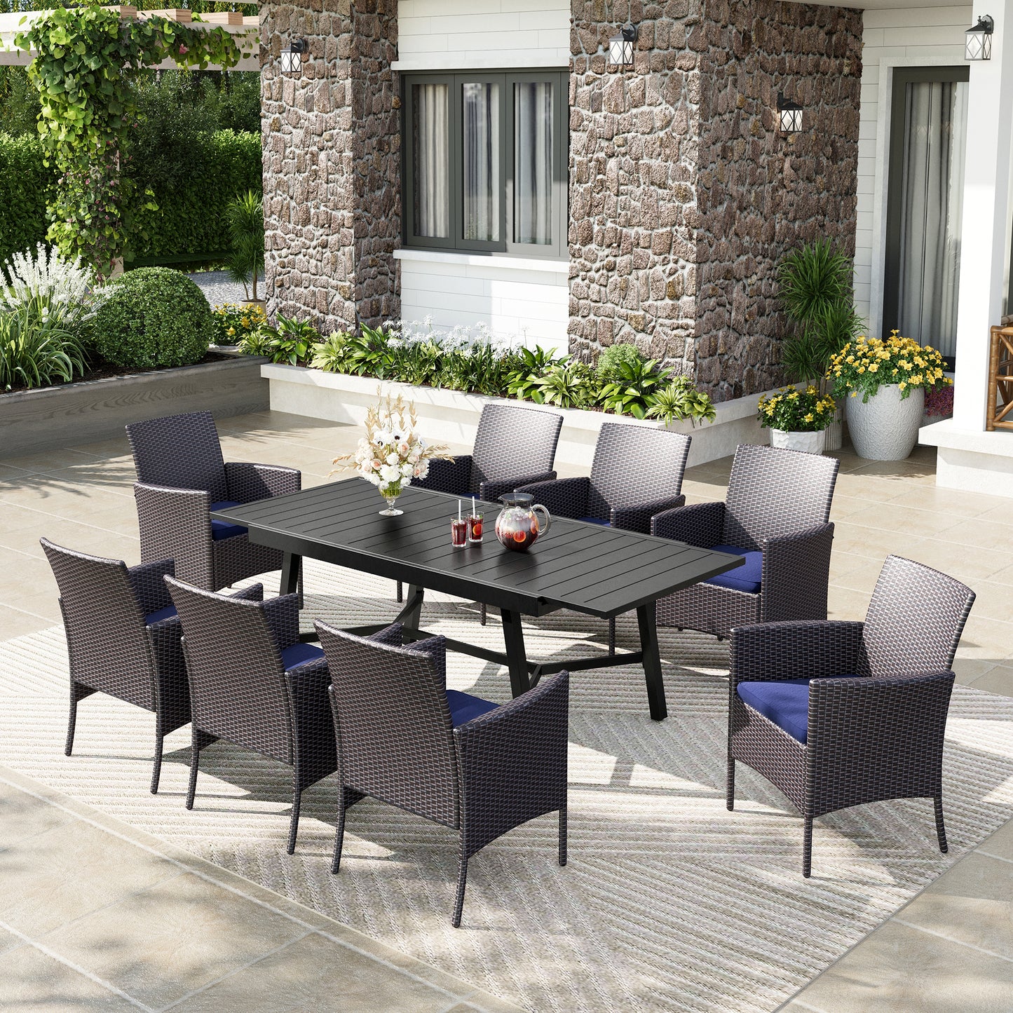 Captiva Designs 9pc Patio Rectangle Expandable Metal Dining Table & Rattan Chairs with Removable Cushions