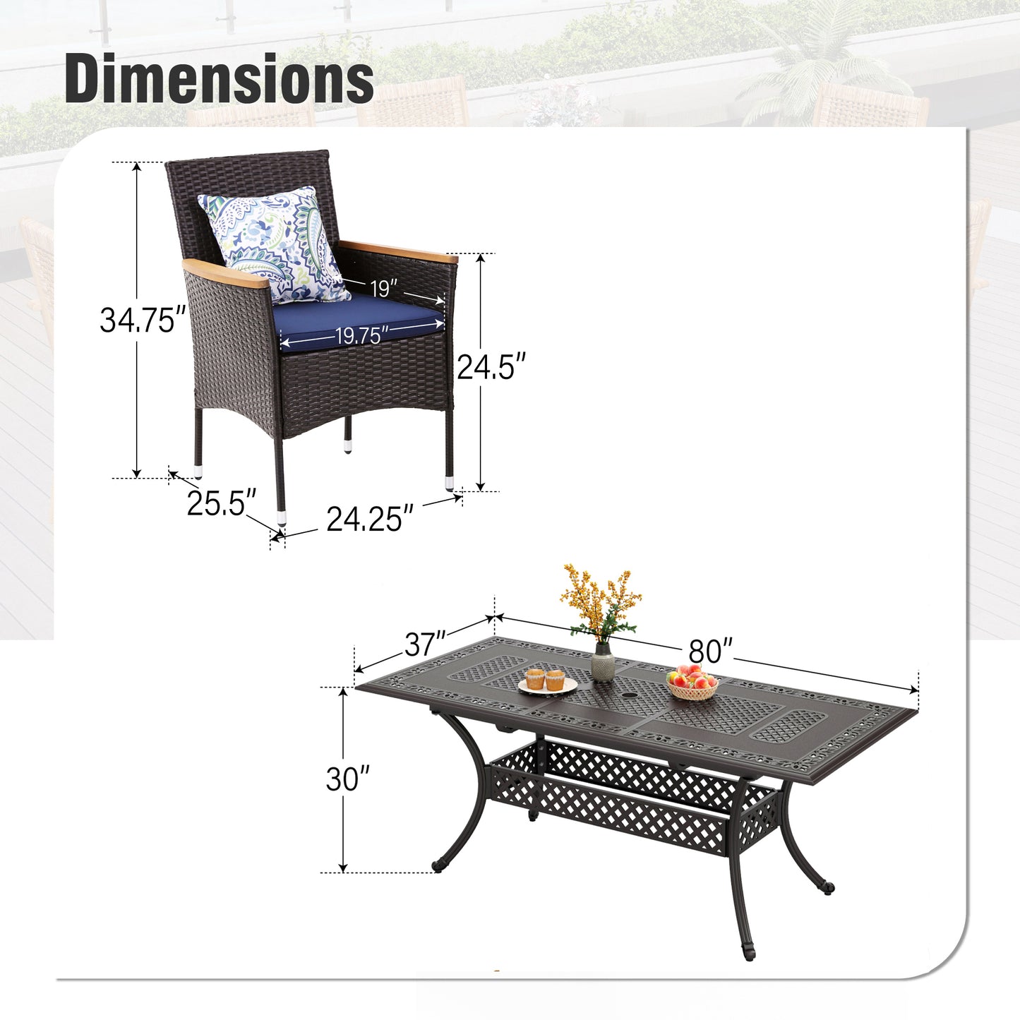 Captiva Designs Outdoor 7Pc Cast Aluminum Square Metal Dining Table with Umbrella Hole & Cushioned Wicker Rattan Chairs