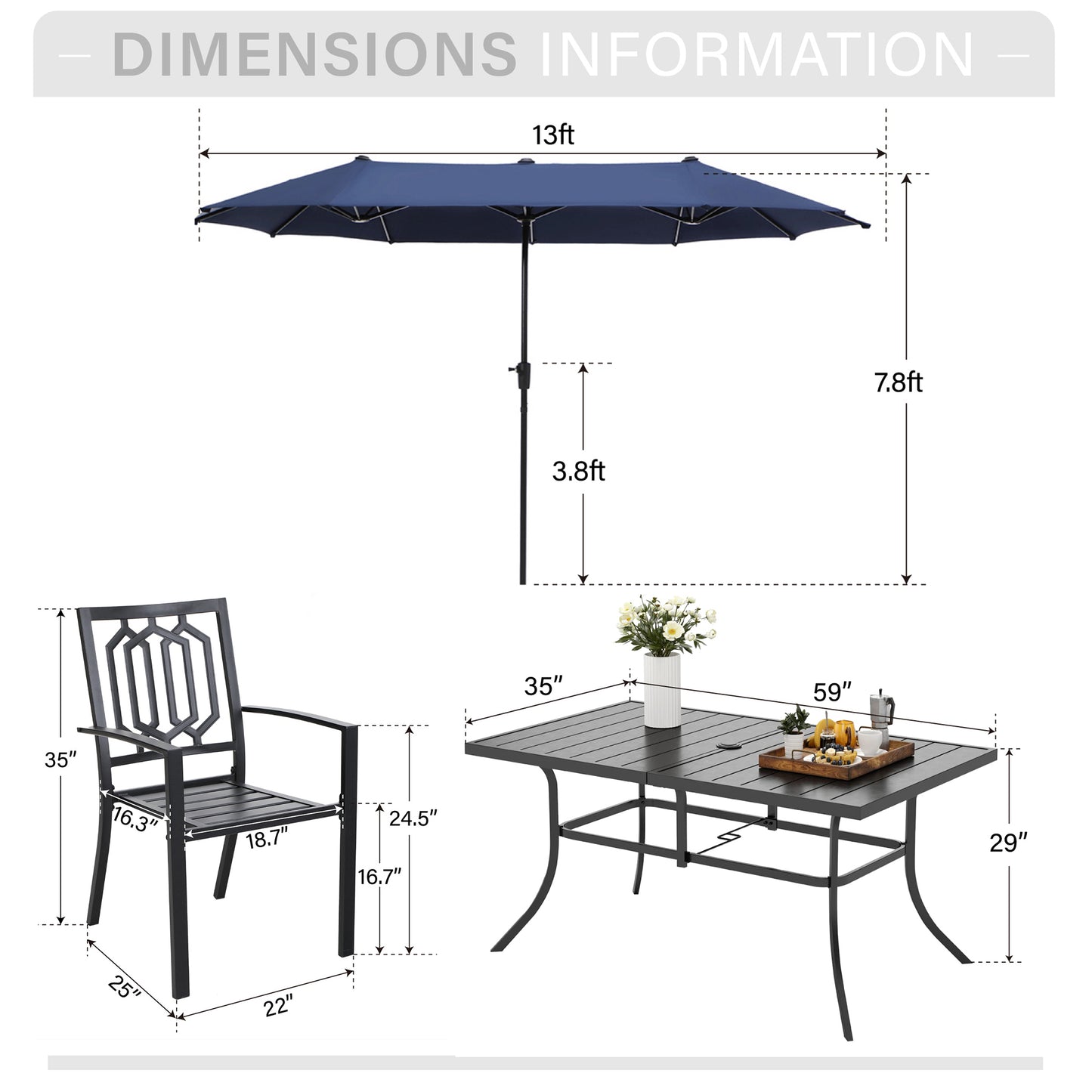 Captiva Designs 8pc Patio Dining Slat-top Rectangle Table & Stackable Steel Chairs & 13ft Large Umbrella