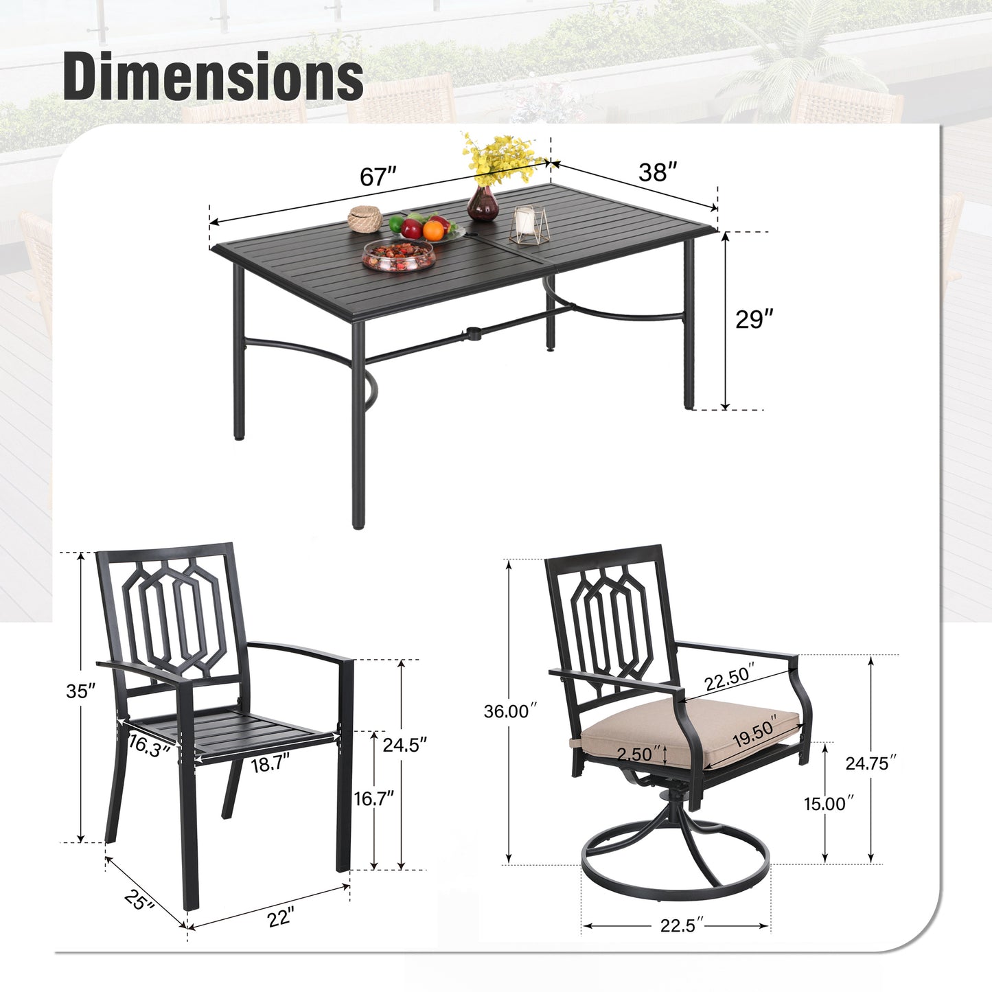 Captiva Designs 7pc Patio Slatted Top Steel Dining Table with Umbrella Hole & Stylish Back Metal Chairs