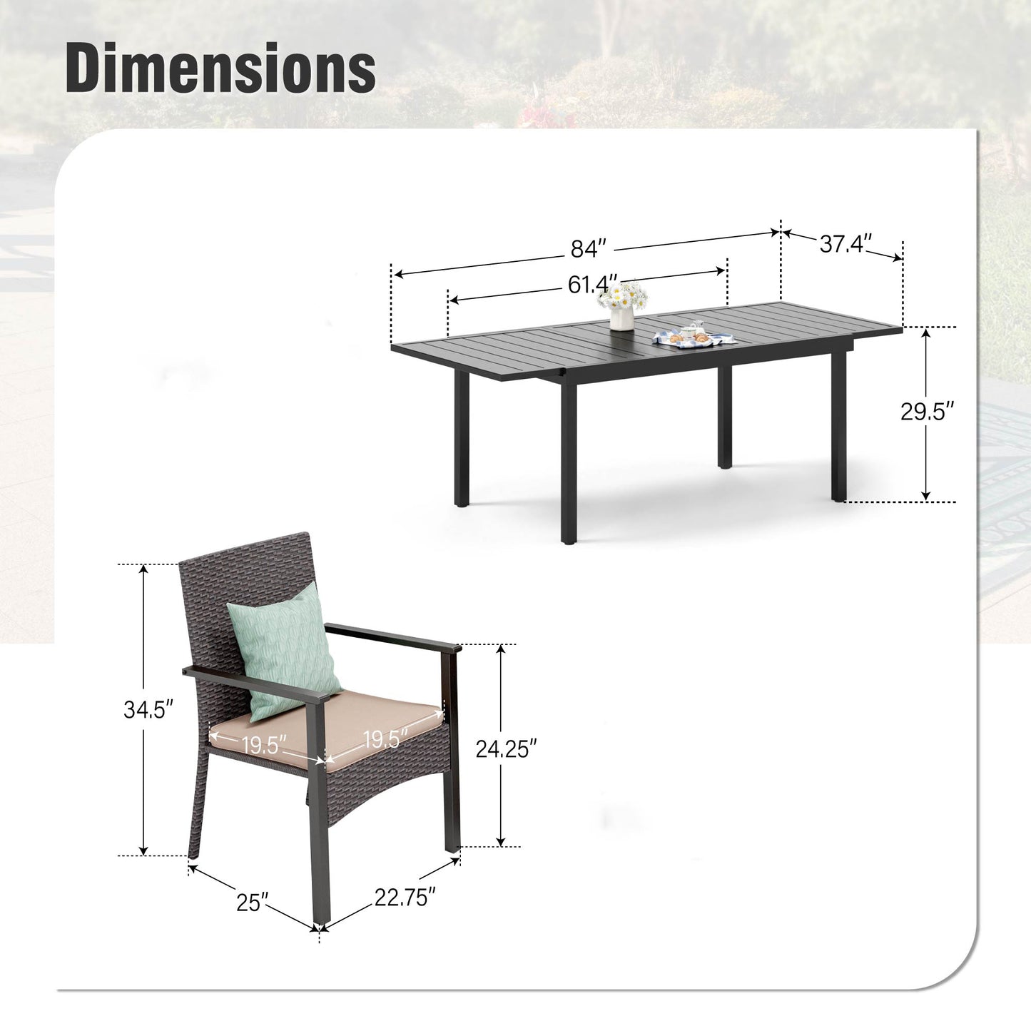 Captiva Designs 7pc Patio Slat-top Expandable Metal Dining Table & Armrest Wicker Chairs with Cushions