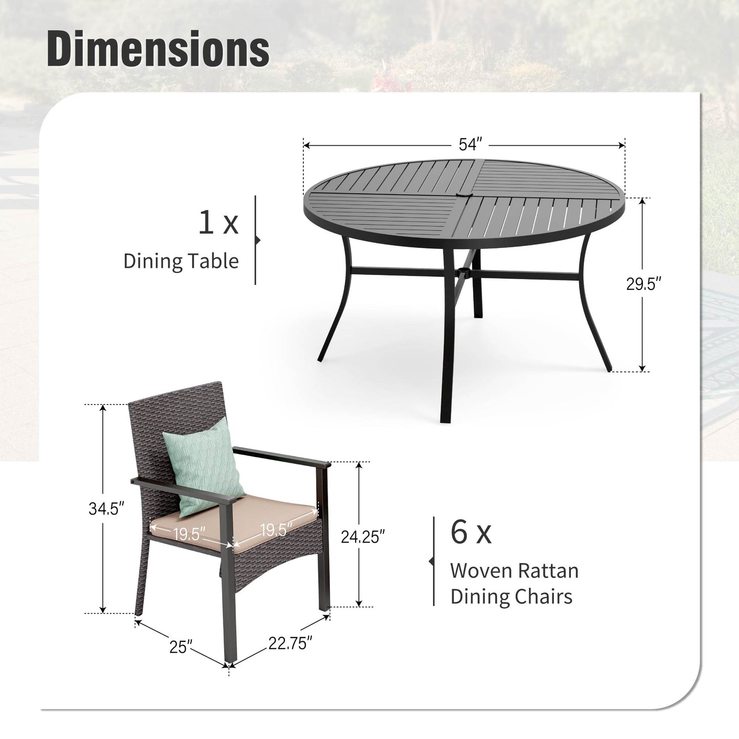 Captiva Designs 7pc Outdoor Patio Black Steel Dining Table with Umbrella Hole & Cushioned Armrest Rattan Chairs