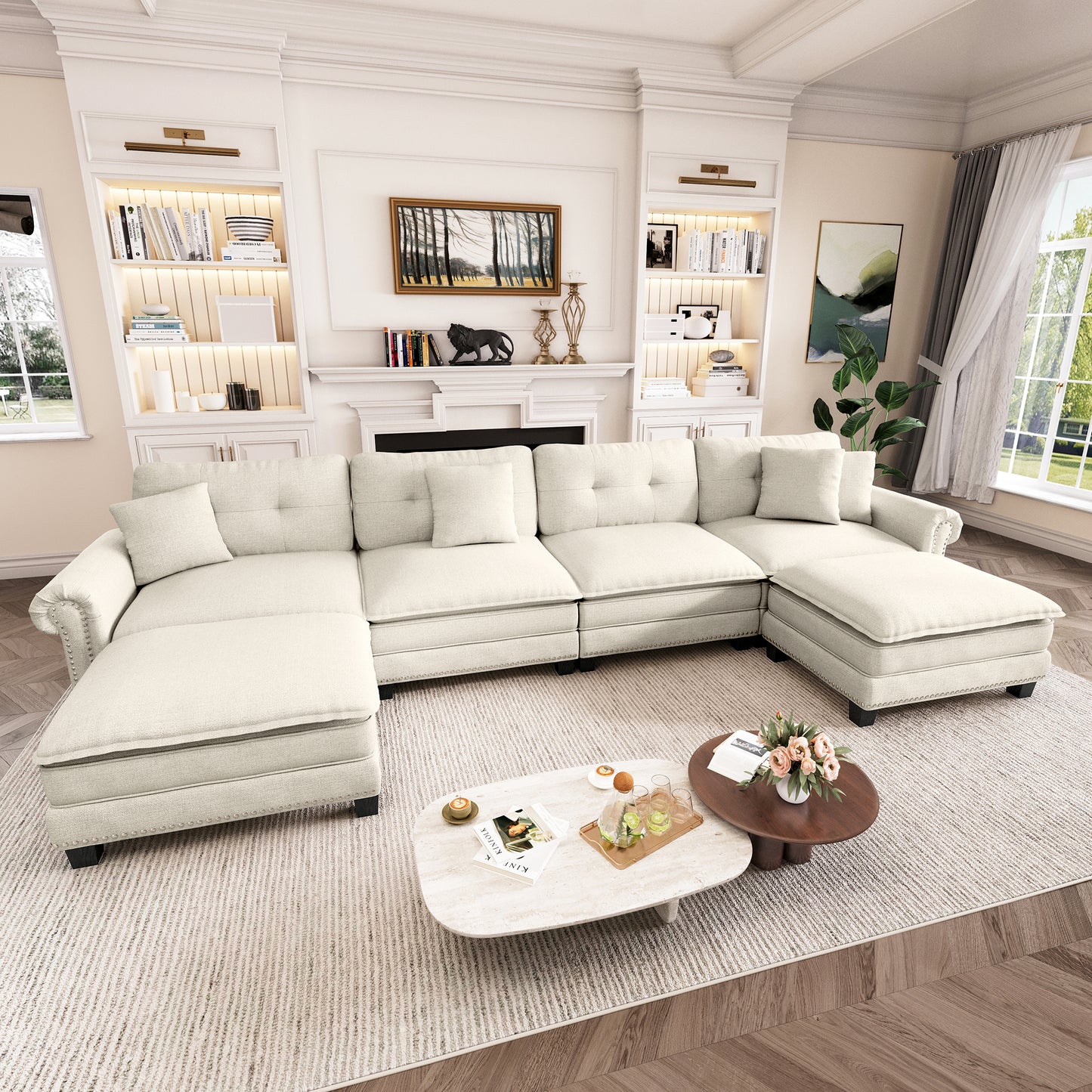Captiva Designs Upholstered Indoor Sofa with Ottoman, Solid Wood Frame, Pocket Spring Seat & Throw Pillows