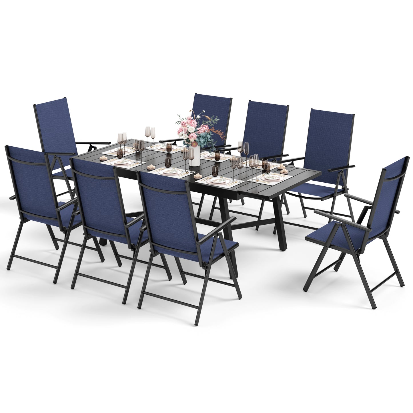 Captiva Designs 9pc Patio Adjustable Steel Rectangle Dining Table & Textilene Reclining Foldable Chairs