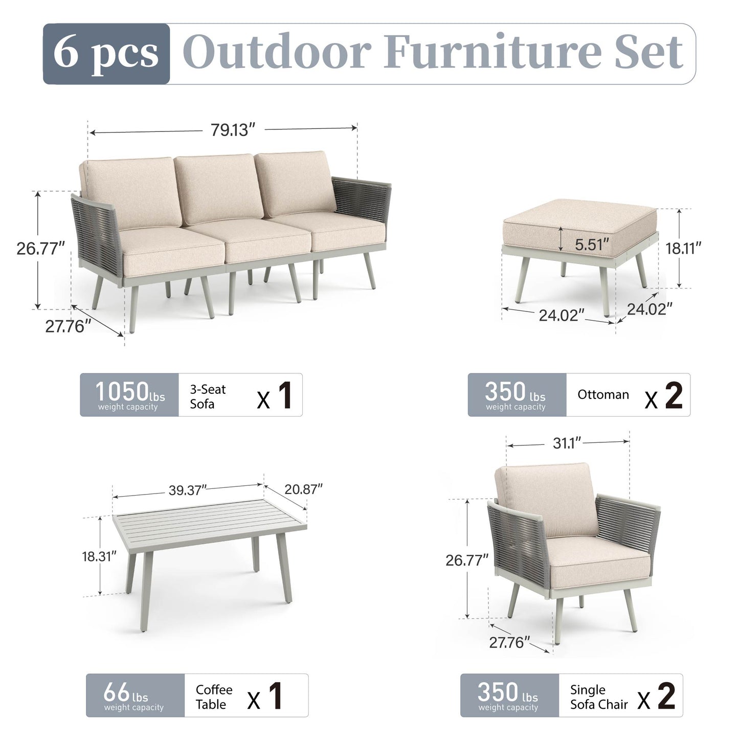 Captiva Designs Outdoor Patio Rope Rattan Furniture Conversation Sets with Coffee Table
