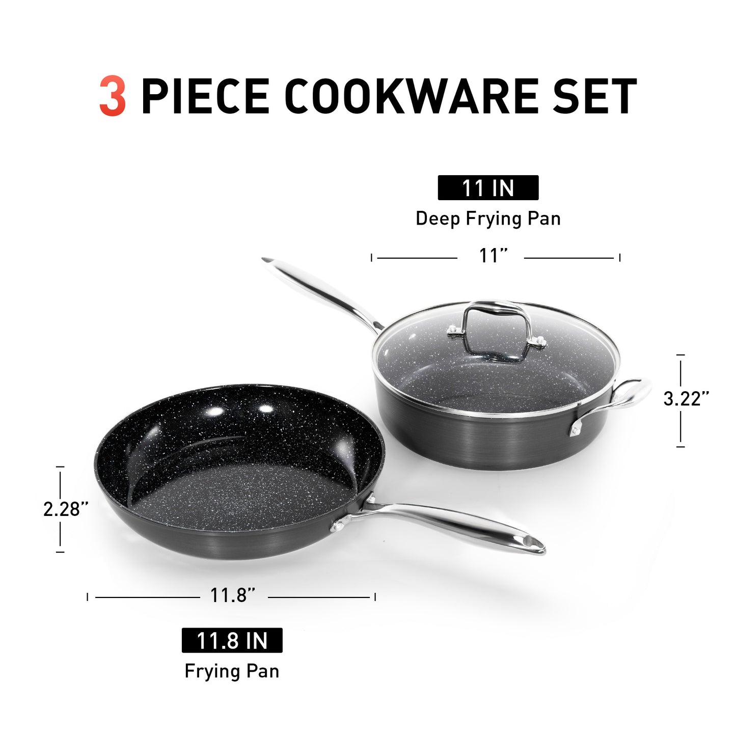 Captiva Designs Hard Anodized Ceramic Non-Stick Fry Pans Set, Black