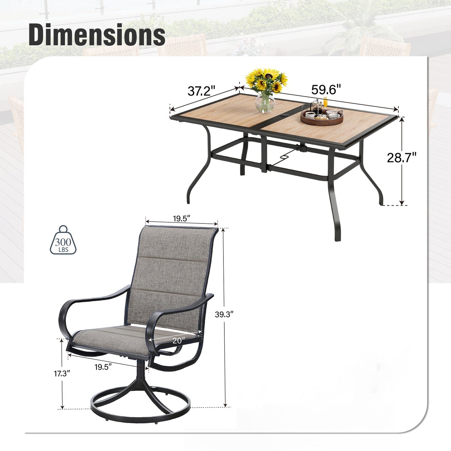 Captiva Designs 7pc Patio Dining Wood-look Rectangle Steel Frame Table & Textilene Swivel Chairs