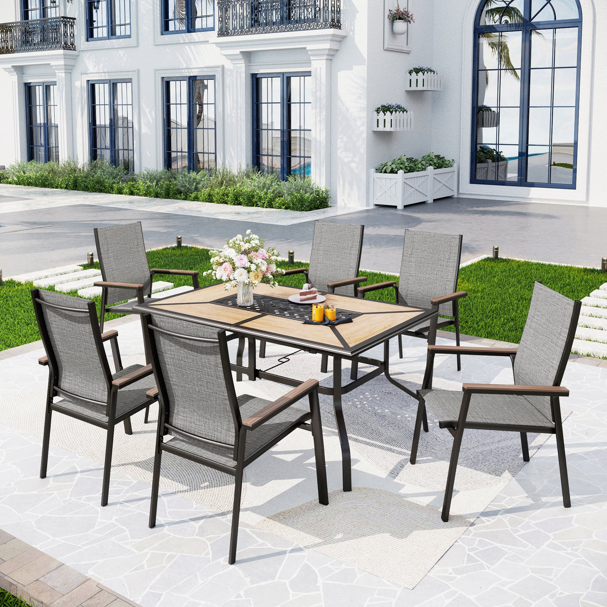 Captiva Designs 7pc Outdoor Patio Rectangular Steel Dining Table & Gray Textilene Aluminum Chairs