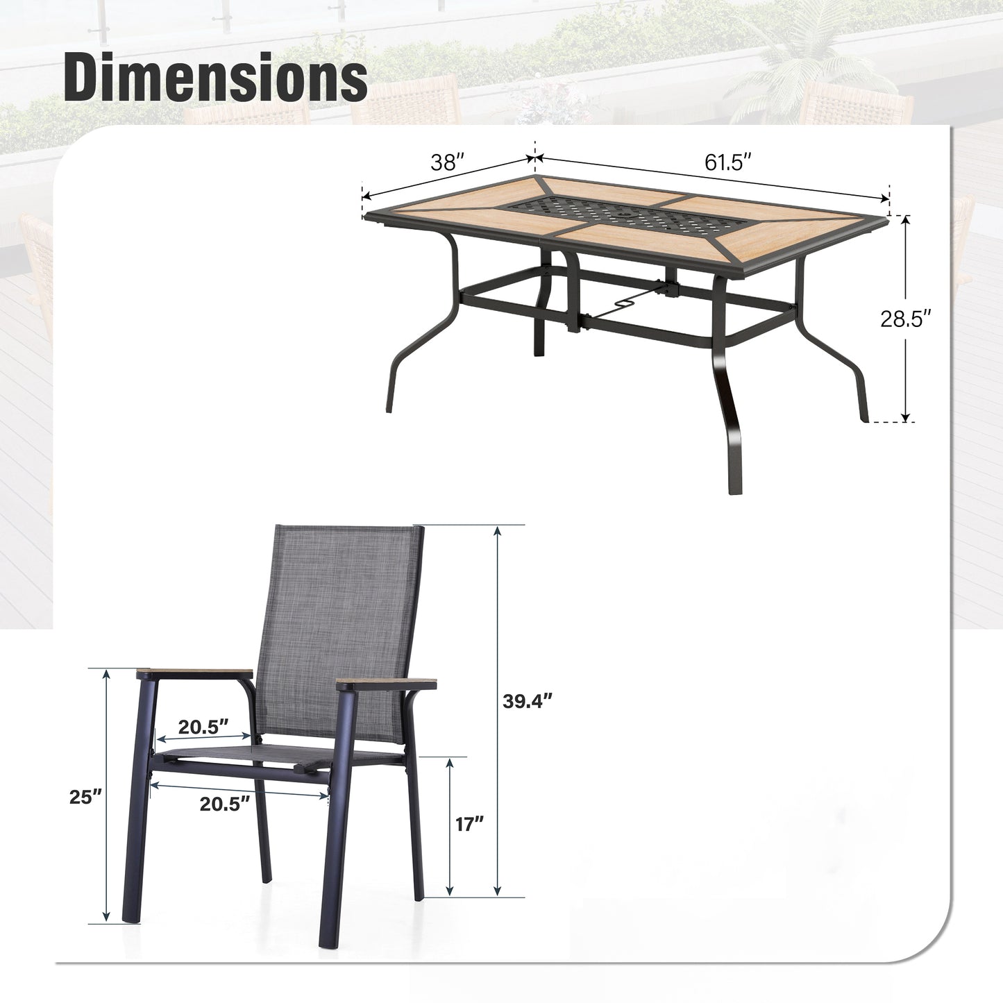 Captiva Designs 7pc Outdoor Patio Rectangular Steel Dining Table & Gray Textilene Aluminum Chairs