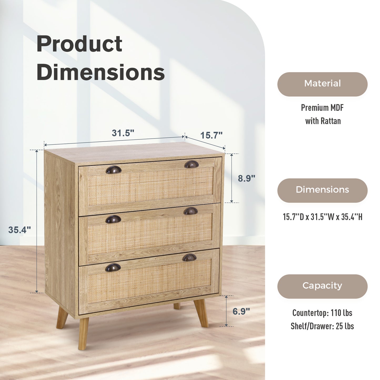 Captiva Designs Boho Rattan Nightstand Dresser Cabinet with Natural Rattan Drawer for Entryway, Living Room, Closet