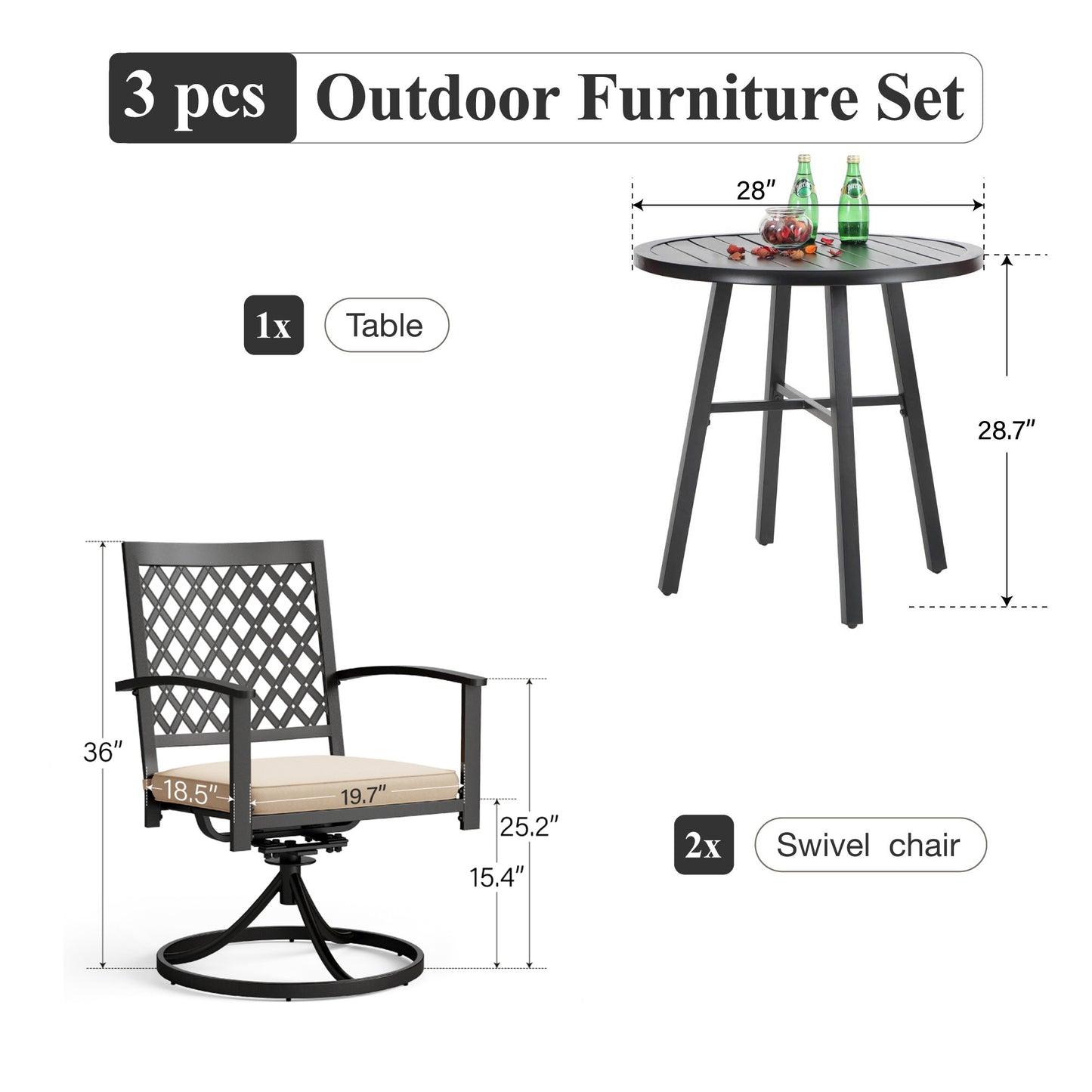 Captiva Designs 3pc Outdoor Patio Slatted Tabletop Round Dining Table & Metal Chairs