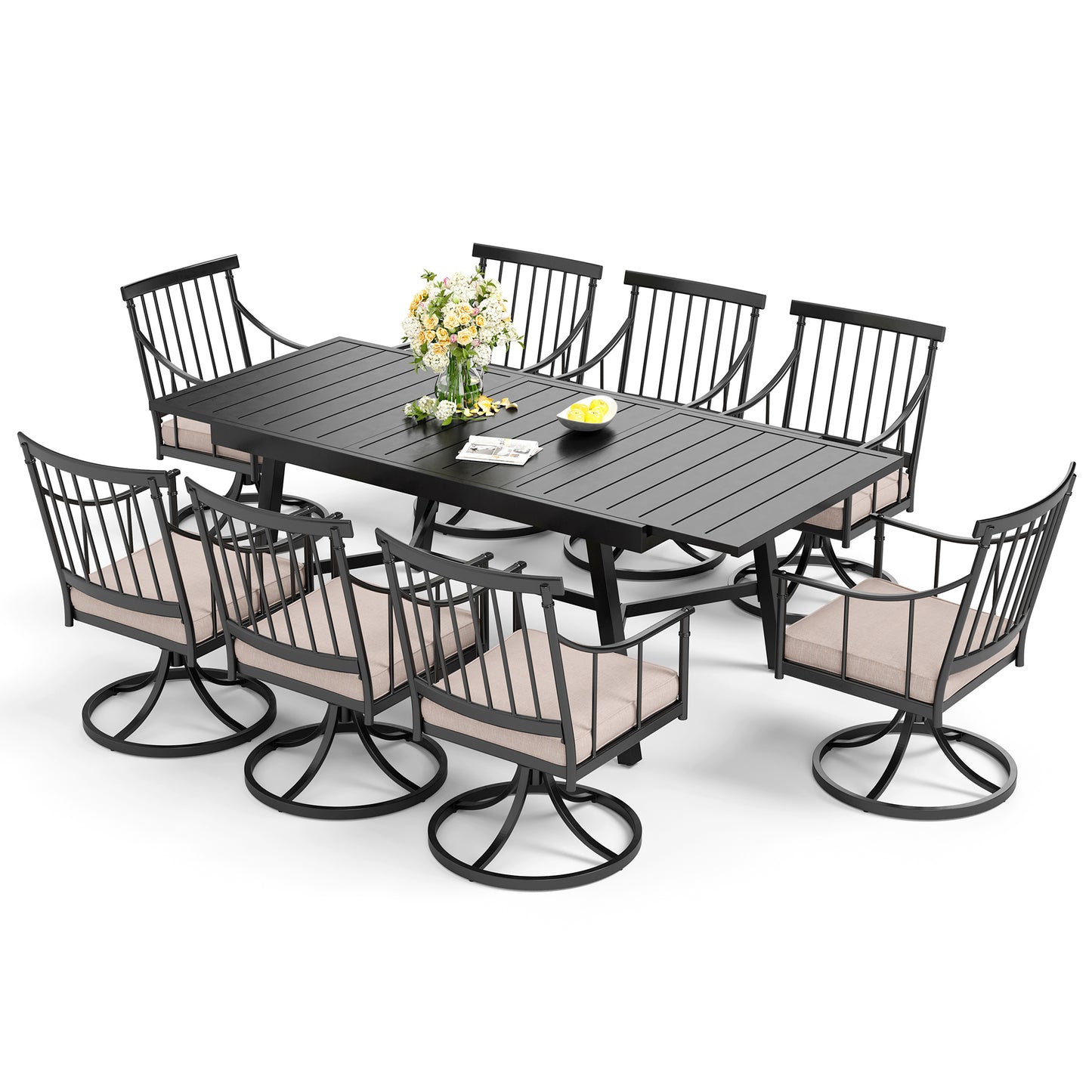 Captiva Designs 9pc Patio Slat-top Adjustable Steel Rectangle Table & Stylish Arm Chairs with Cushions