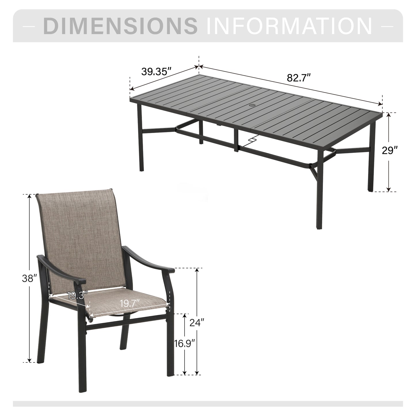Captiva Designs 9pc Patio Dining Black Steel Rectangle Table & Brown Textilene Fixed Chairs