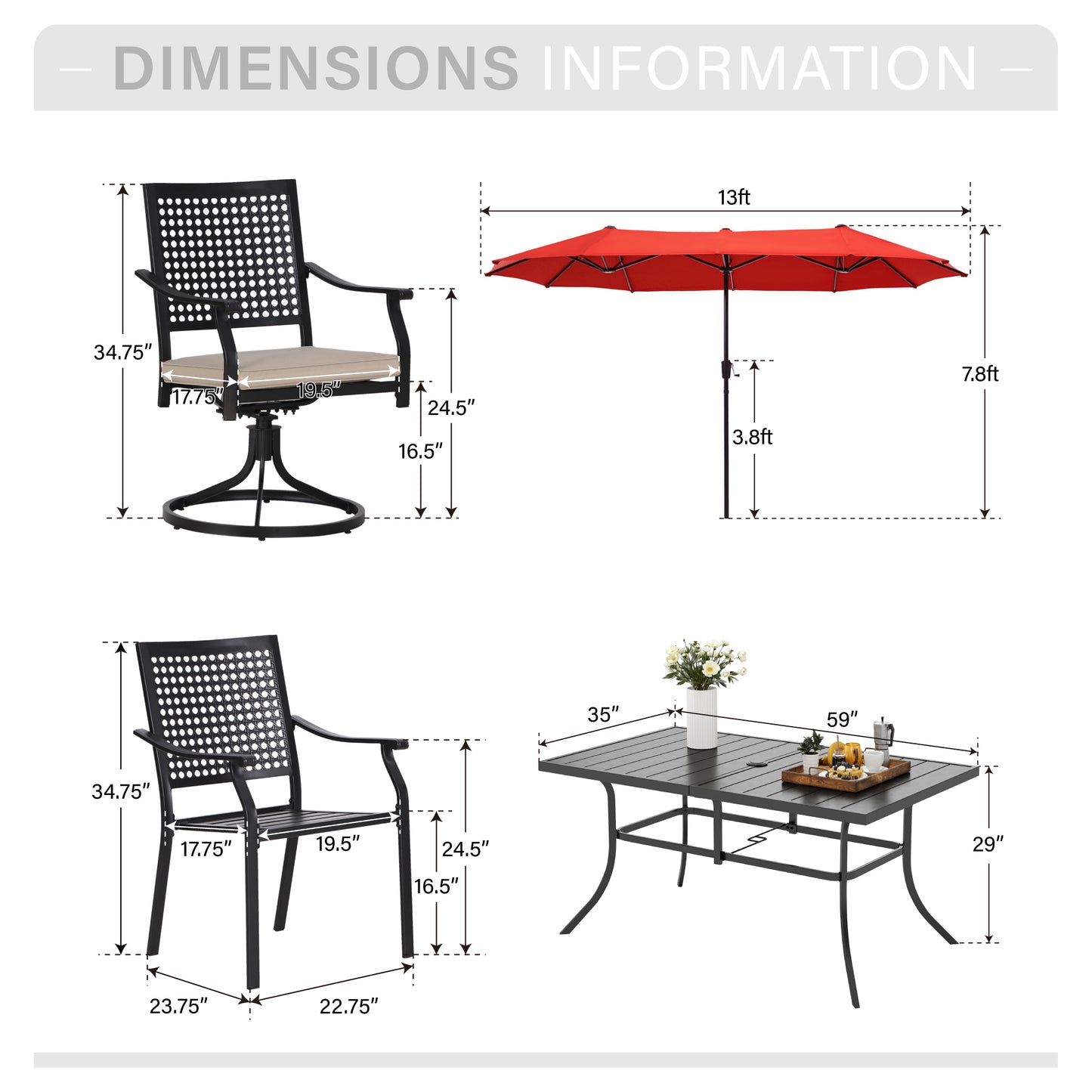 Captiva Designs 1 件装露台 U 型腿木质金属长方形桌子,带伞孔