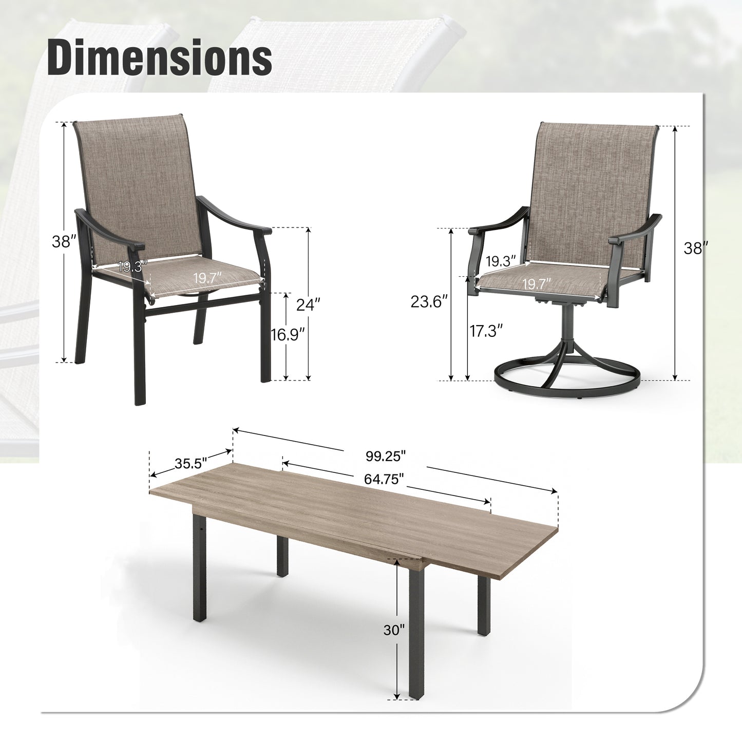 Captiva Designs 7pc Outdoor Patio Expandable Steel Dining Table & Brown Textilene Arm Chairs