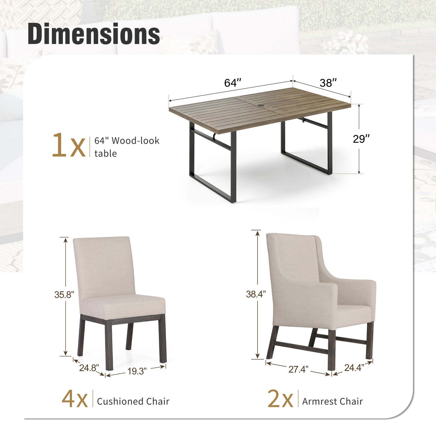 Captiva Designs 7pc Patio Dining Set Wood-look Rectangle Table & Cushioned Metal Chairs