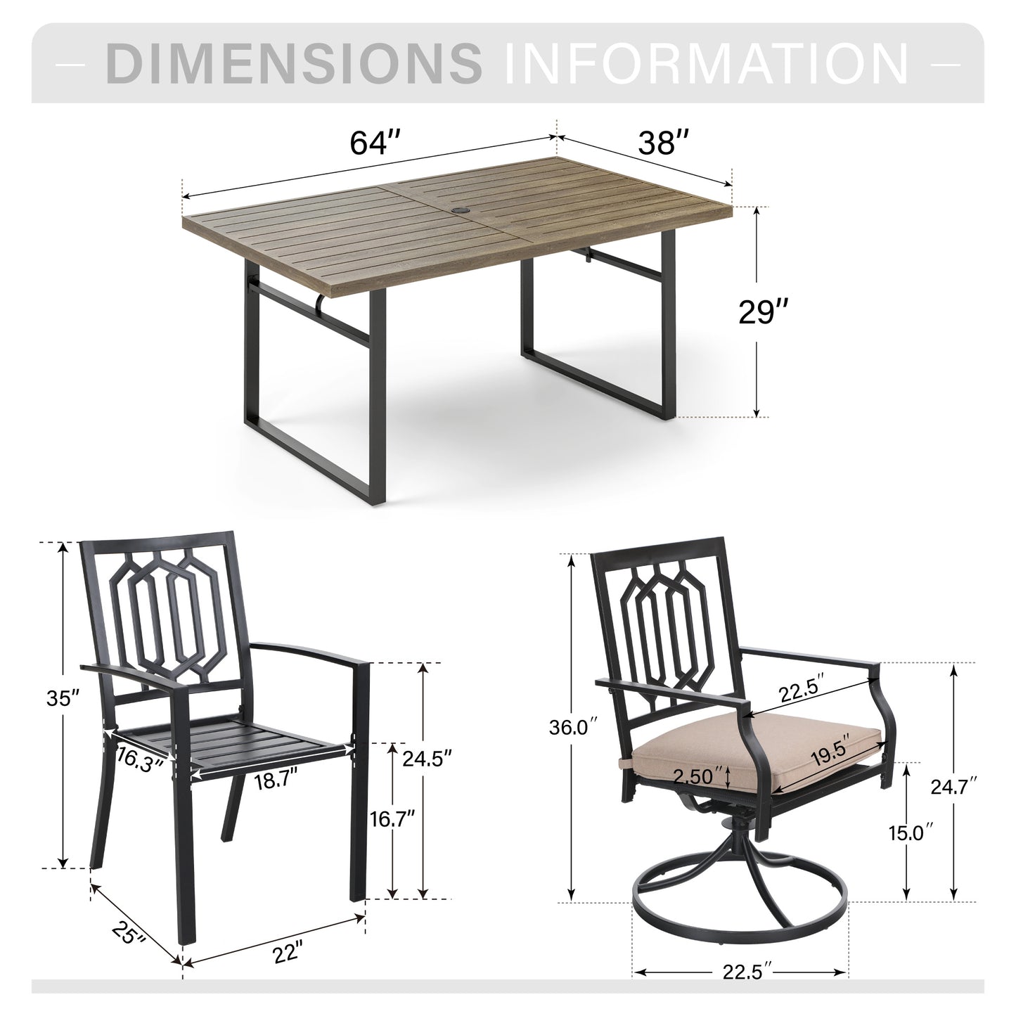 Captiva Designs 7pc Patio Dining Driftwood Finihsed Rectangle Table with Umbrella Hole & Metal Arm Chairs