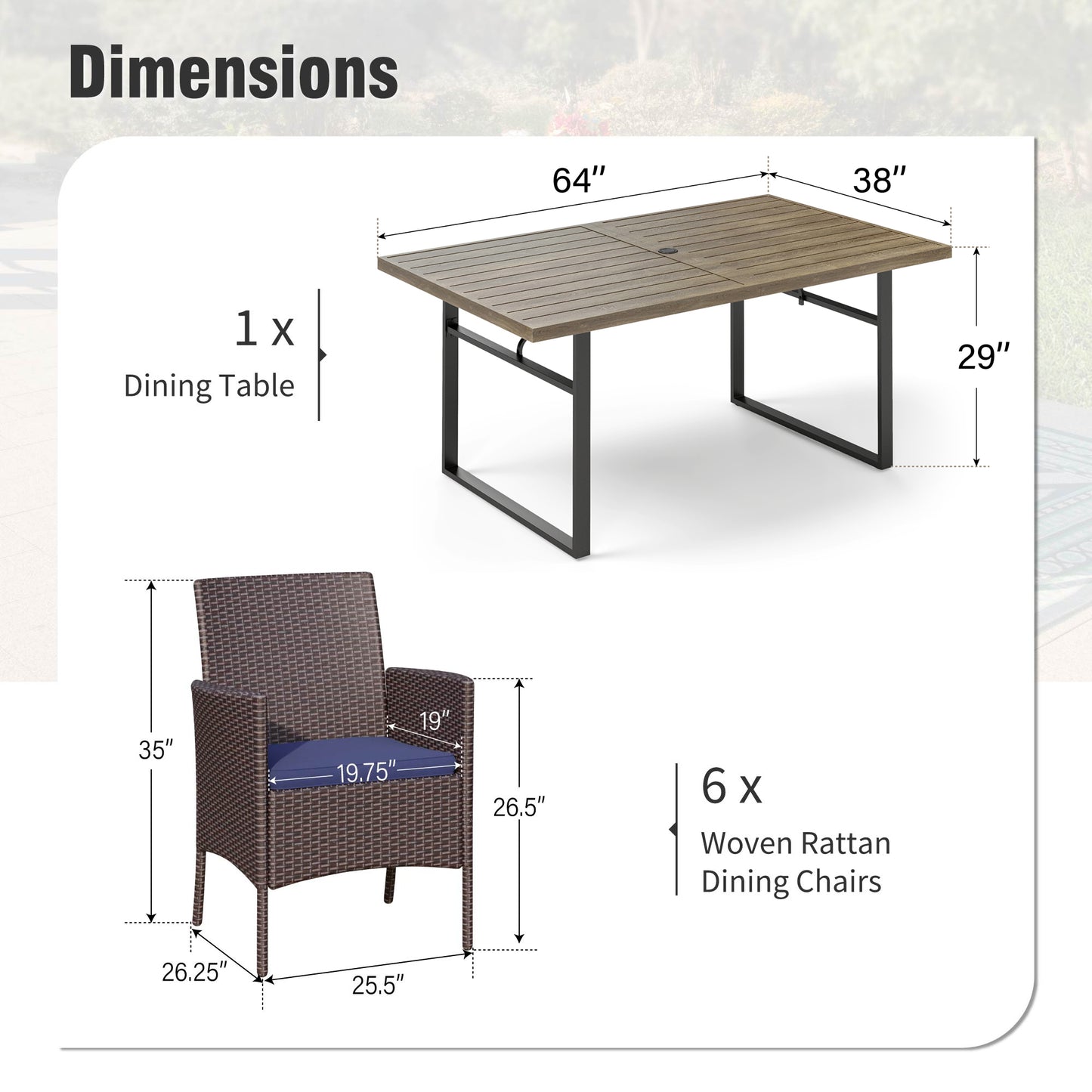 Captiva Designs 7pc Patio Wood-look Rectangle Dining Table & Rattan Chairs with Removable Cushions