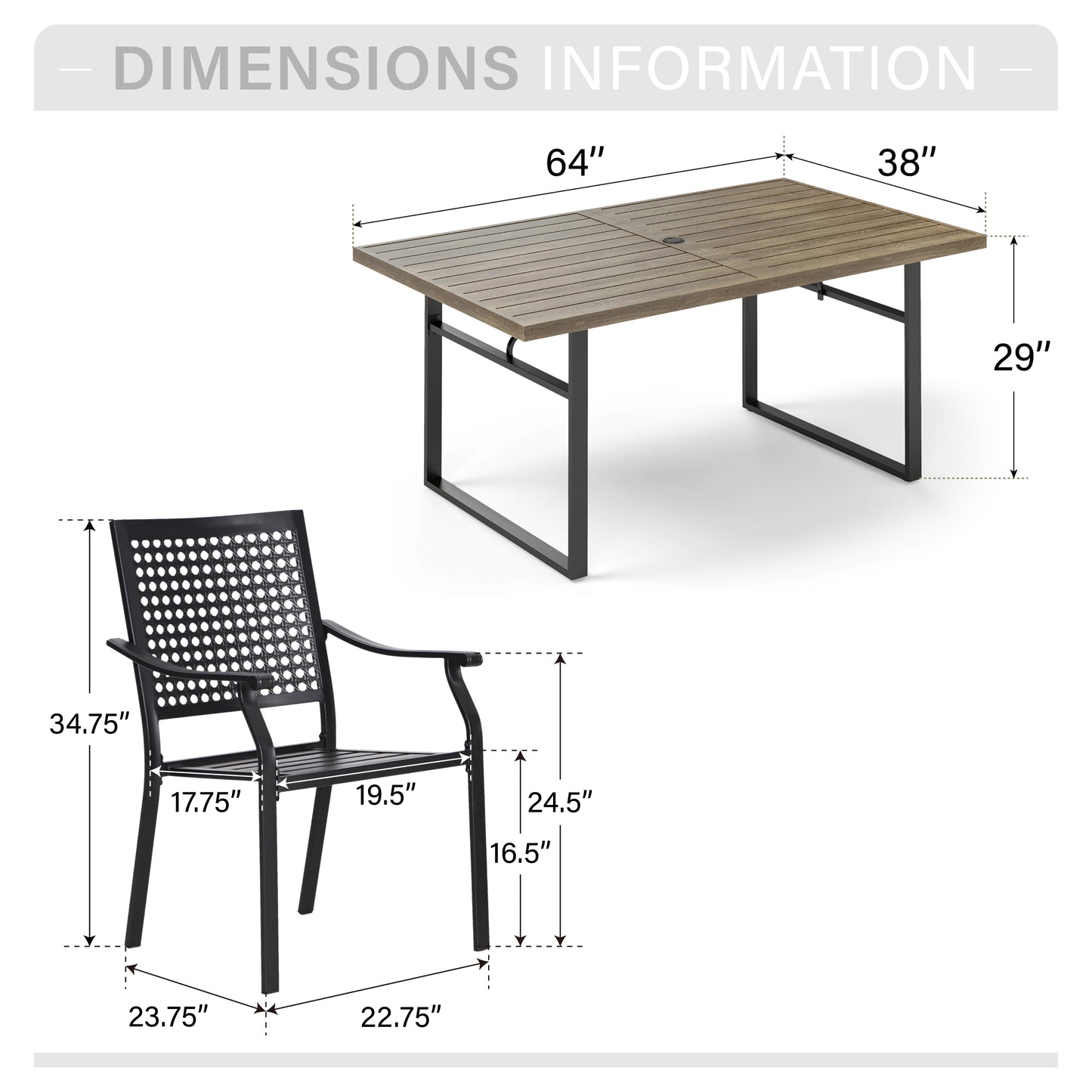 Captiva Designs 7pc Patio Dining Steel Wood-look Table with Umbrella Hole & Stackable Chairs with Bull's Eye Pattern