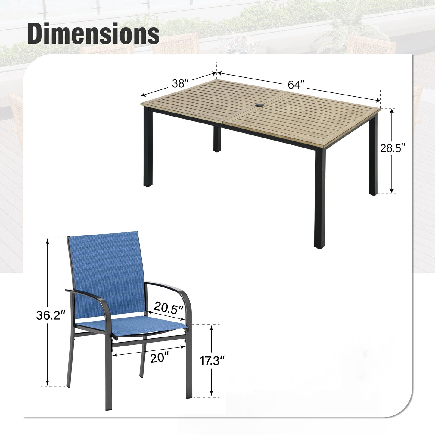 Captiva Designs 7 件套露台餐桌椅套装,配有 U 型腿木质长方形桌子和棕色吊带固定椅子
