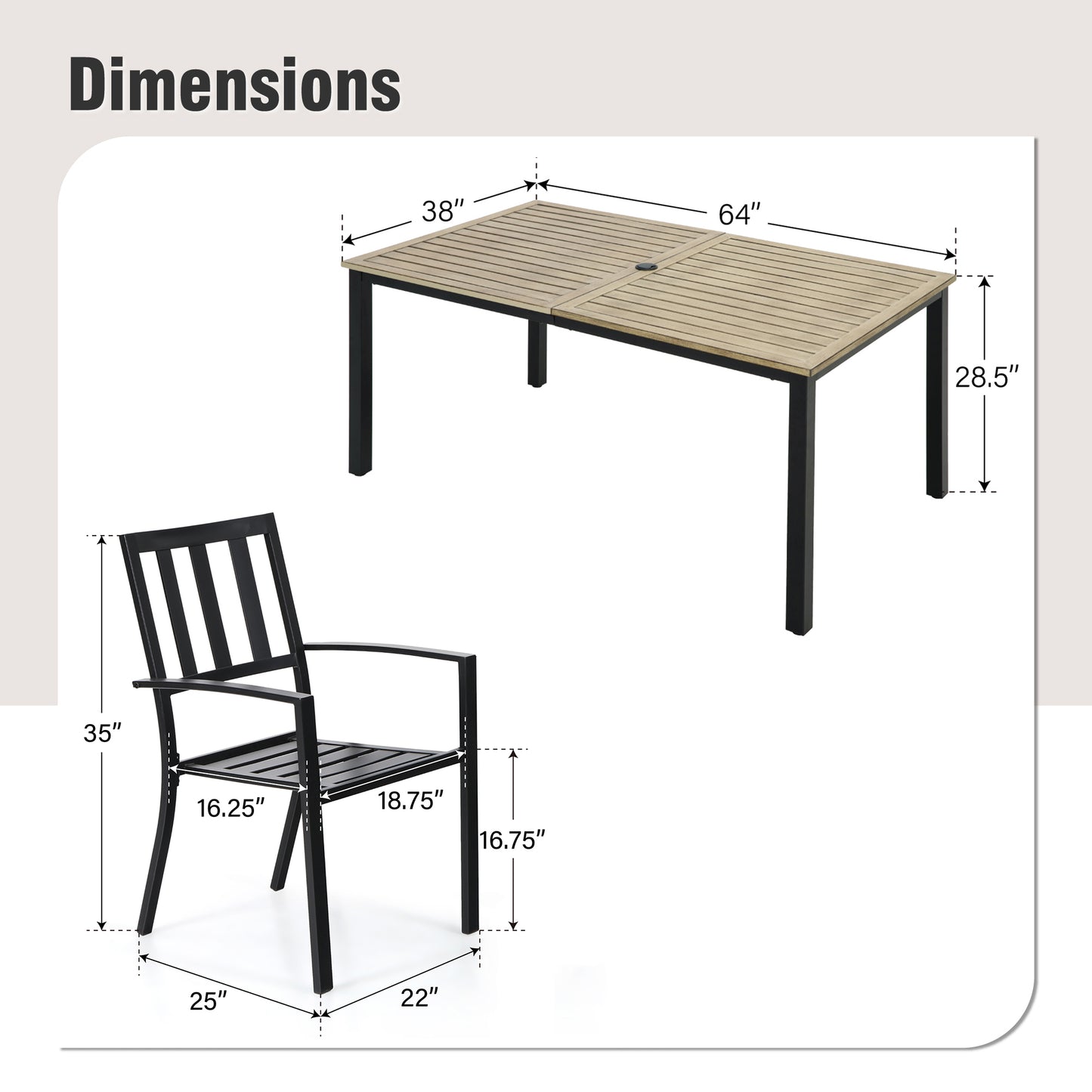 Captiva Designs 7 件套露台餐厅 U 型腿木质长方形桌子和金属可堆叠椅子,带剥离式靠背