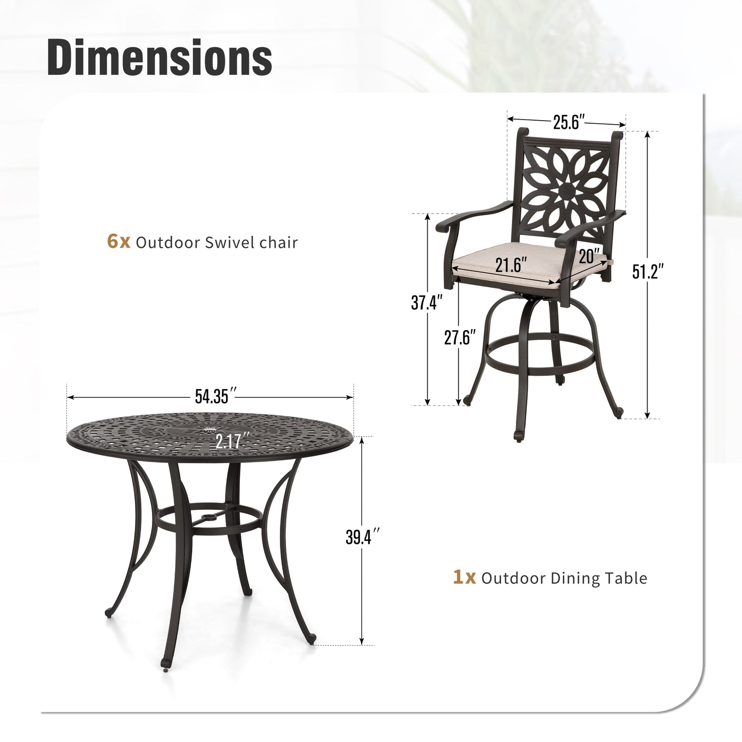 Captiva Designs 7pc Cast Aluminum Bar Height Patio Dining Set with Round Table with Umbrella Hole & Swivel Stools