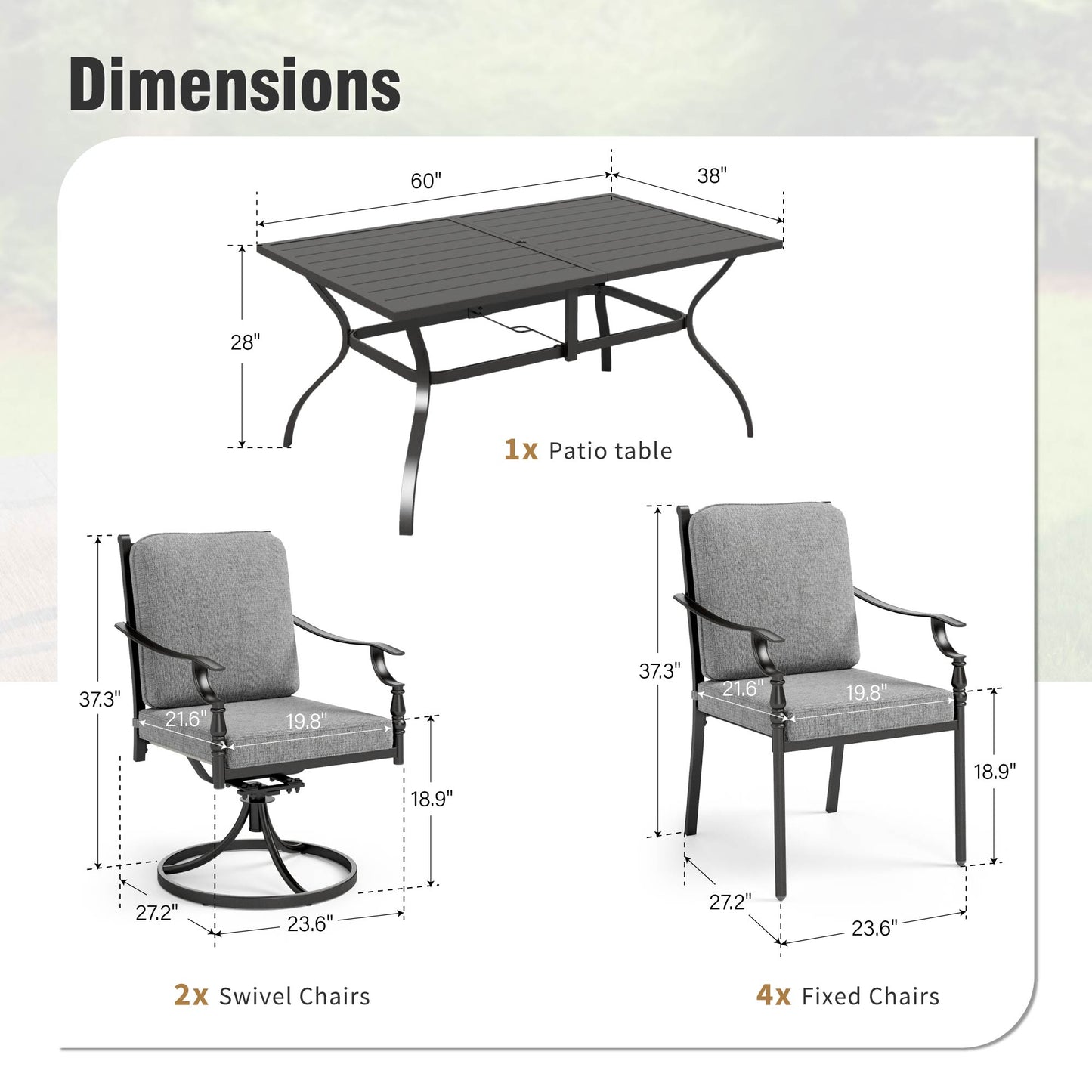 Captiva Designs 7pc Patio Dining Set with Slat-top Rectangle Table & Metal Chairs with Cushions