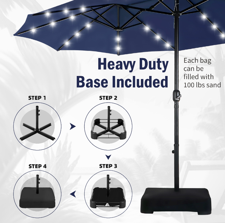 Captiva Designs 15' x 9' Rectangular Lit Outdoor Patio Market Umbrella with Extra Large Base and Sand Bags