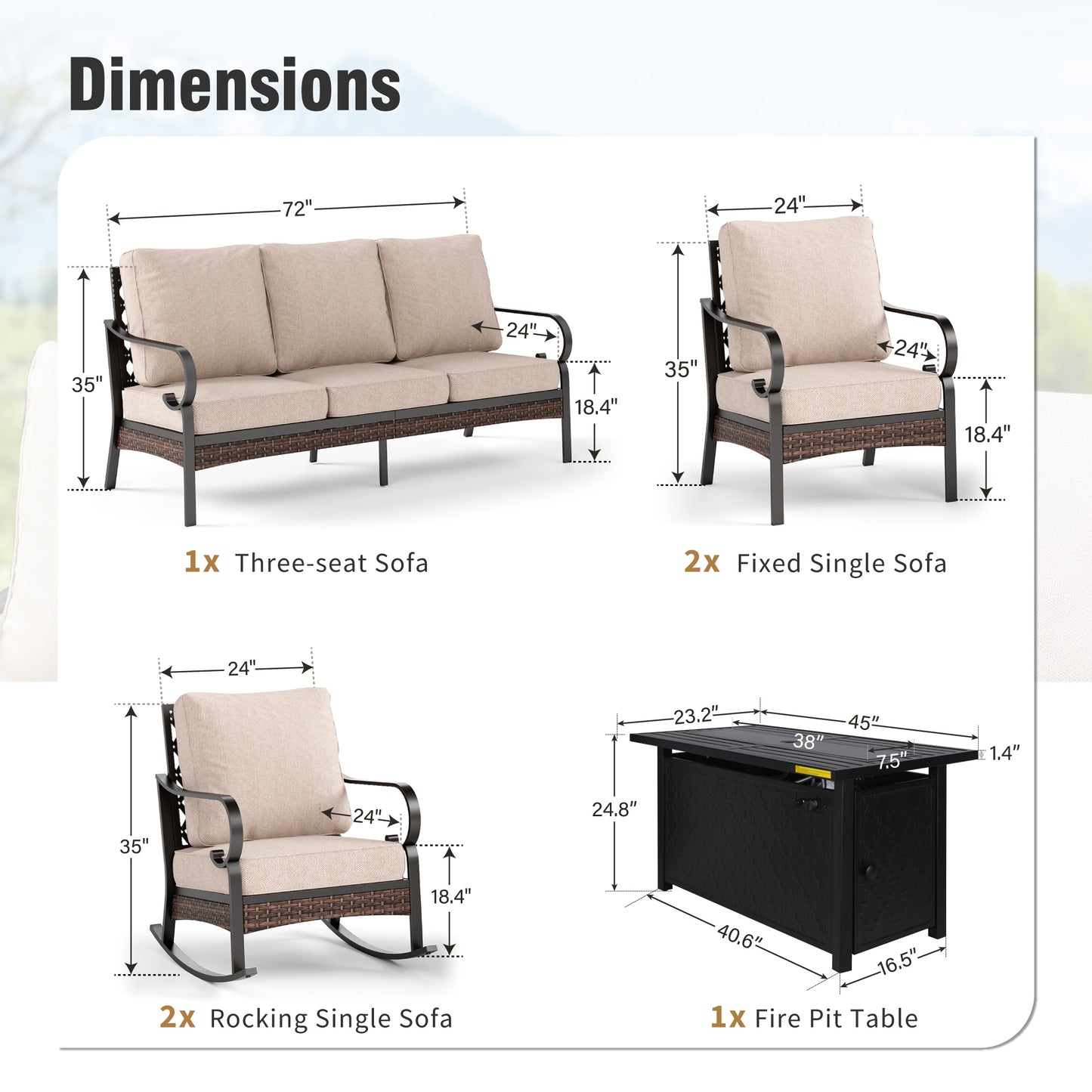 Captiva Designs 6-Piece Wicker Metal Patio Outdoor Furniture Conversation Fire pit Set for Backyard, Garden, Deck