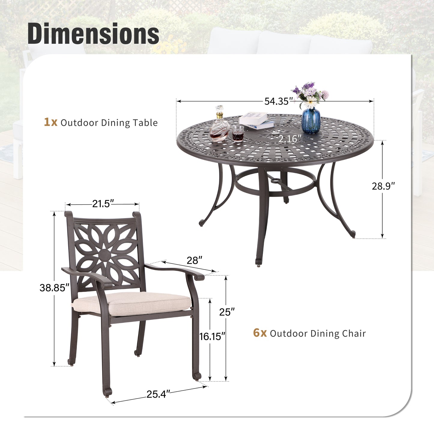 Captiva Designs 7 件套铸铝露台餐桌椅套装,配有圆桌和花背旋转椅