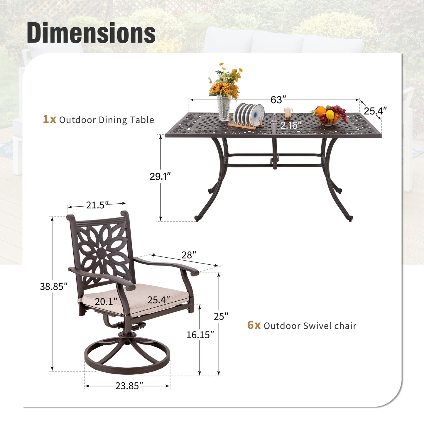 Captiva Designs 7PC Cast Aluminum Patio Dining Set with Rectangle Table & Flower Back Chairs