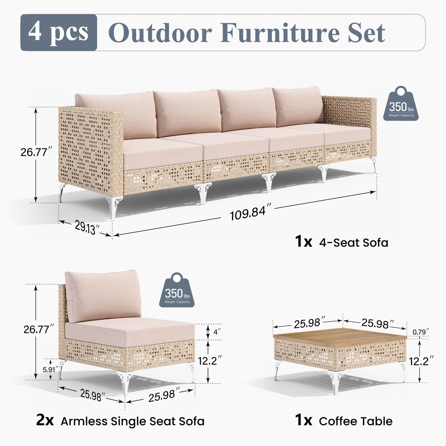 Captiva Designs Boho Patio Outdoor Wicker Rattan Conversation Set with Coffee Table for Backyard, Porch