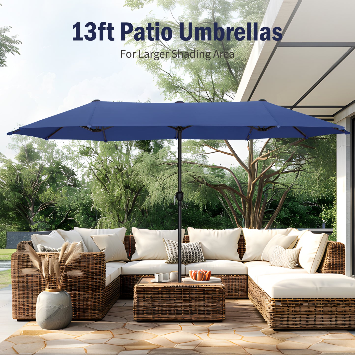 Captiva Designs 8pc Patio Slat-top Dining Steel Table & Metal Chairs with Stripe Back & Market Umbrella