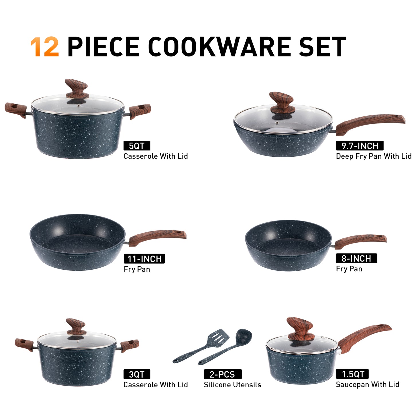 Captiva Designs 12-Piece Non-Toxic Granite Nonstick Cookware Set, Induction & All Stovetops Compatible, Lightweight with Stay-Cool Bakelite Handle