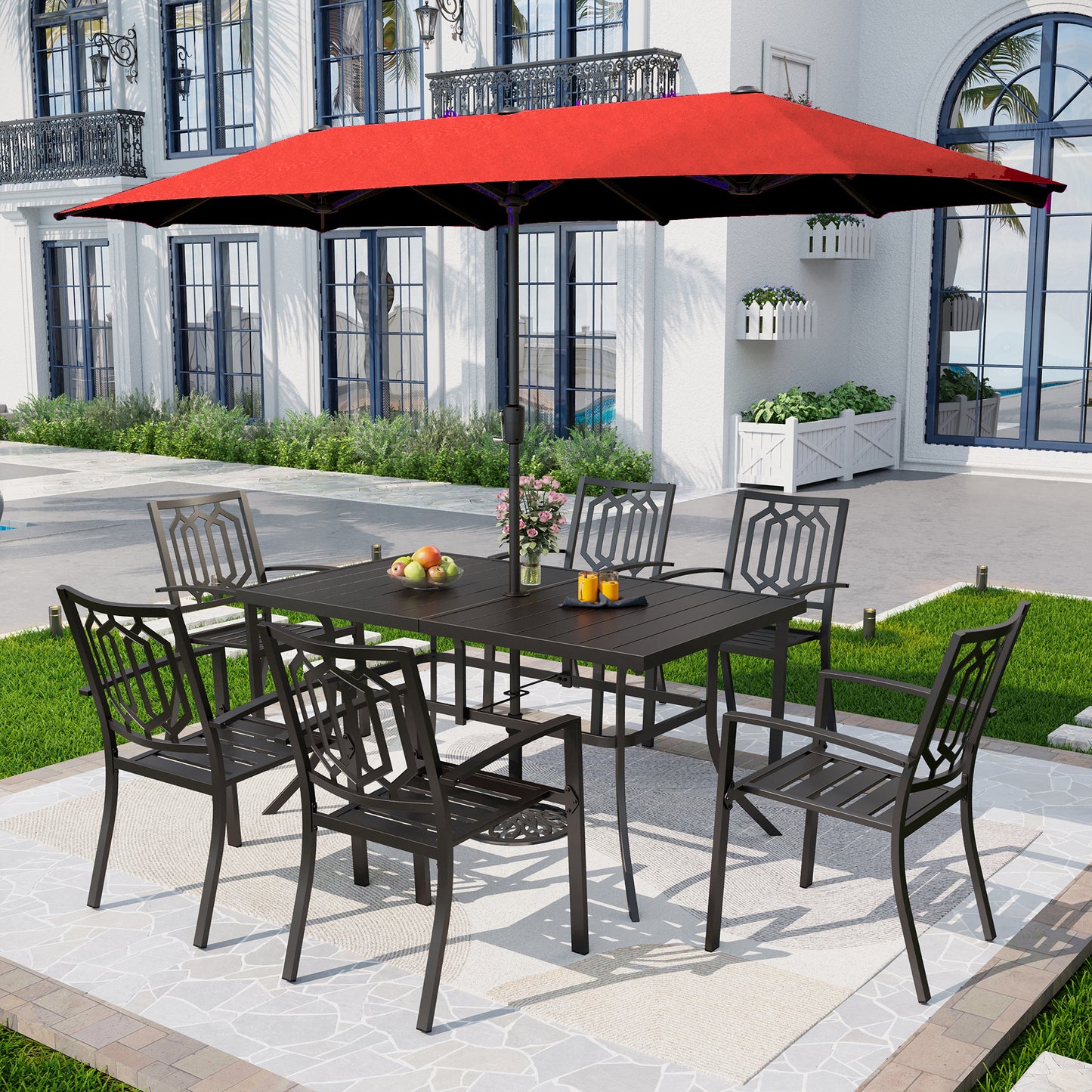 Captiva Designs 8pc Patio Dining Slat-top Rectangle Table & Stackable Steel Chairs & 13ft Large Umbrella